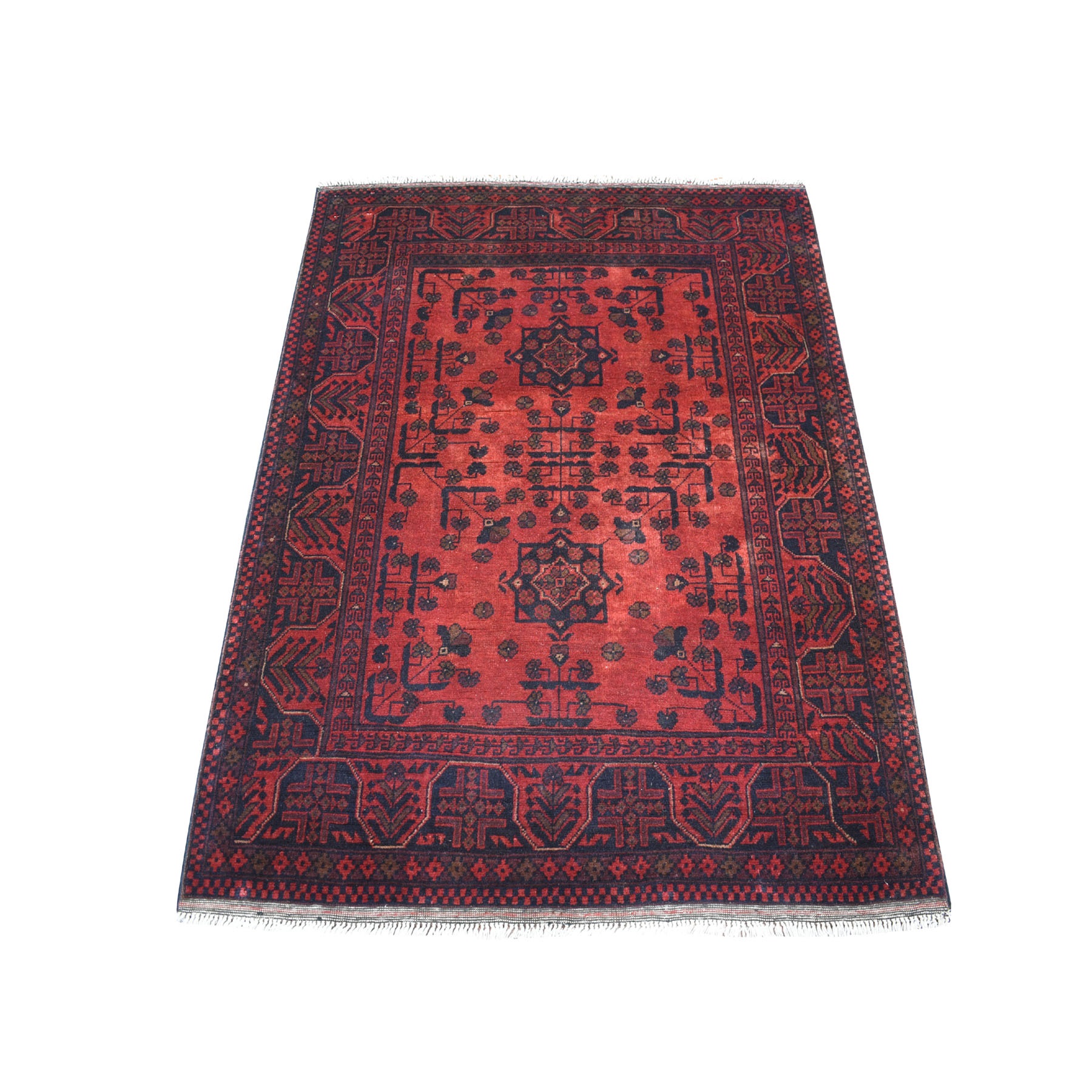 3'6"X4'7" Deep And Saturated Red Geometric Design Afghan Andkhoy Pure Wool Hand-Knotted Oriental Rug moaec889
