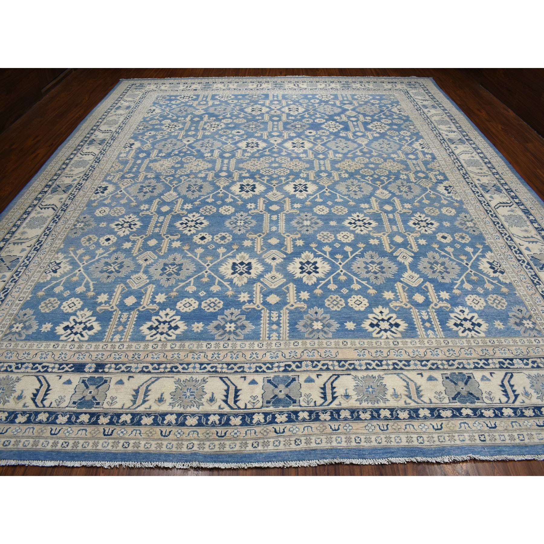 12-2 x14-3  Oversized Blue Vintage Look Kazak Geometric Design Pure Wool Hand Knotted Oriental Rug 