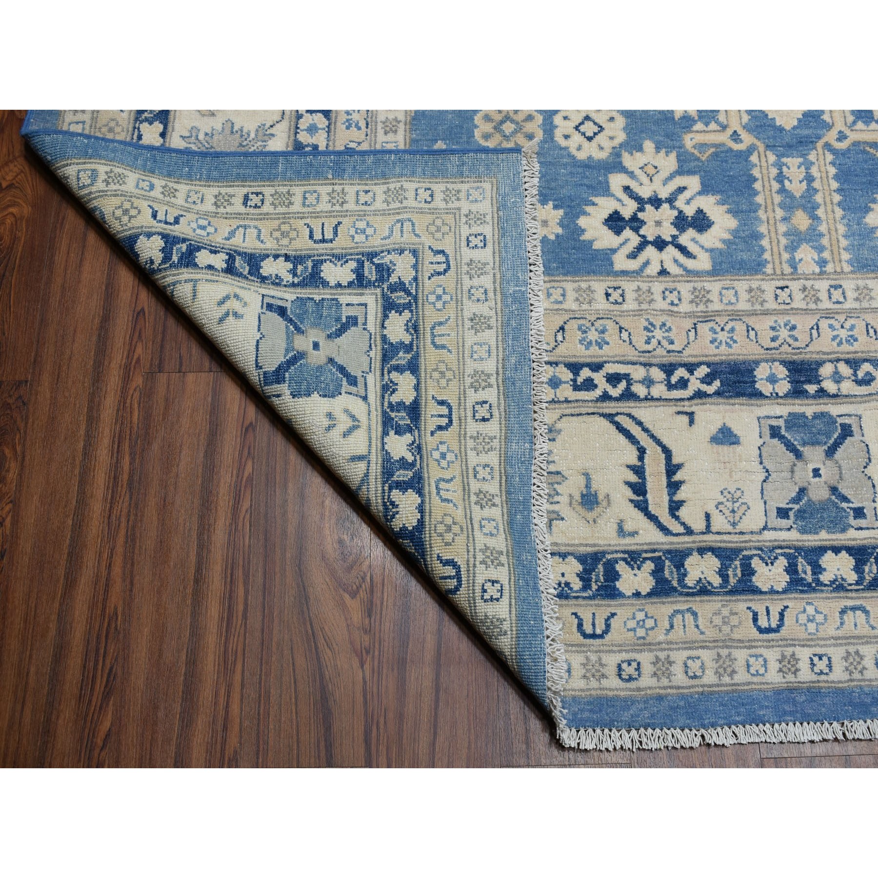 12-2 x14-3  Oversized Blue Vintage Look Kazak Geometric Design Pure Wool Hand Knotted Oriental Rug 