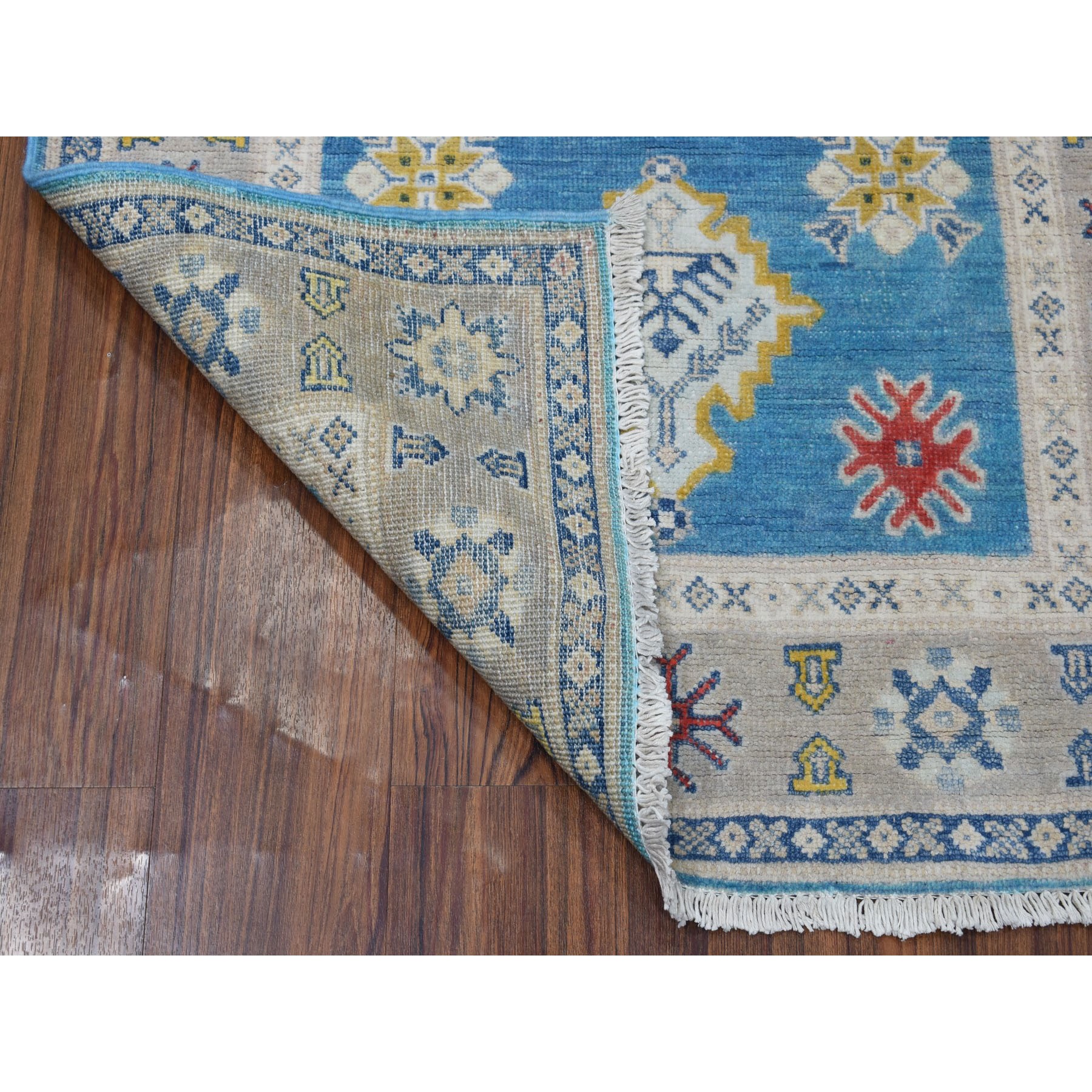 3-x4-8  Colorful Blue Fusion Kazak Pure Wool Geometric Design Hand Knotted Oriental Rug 