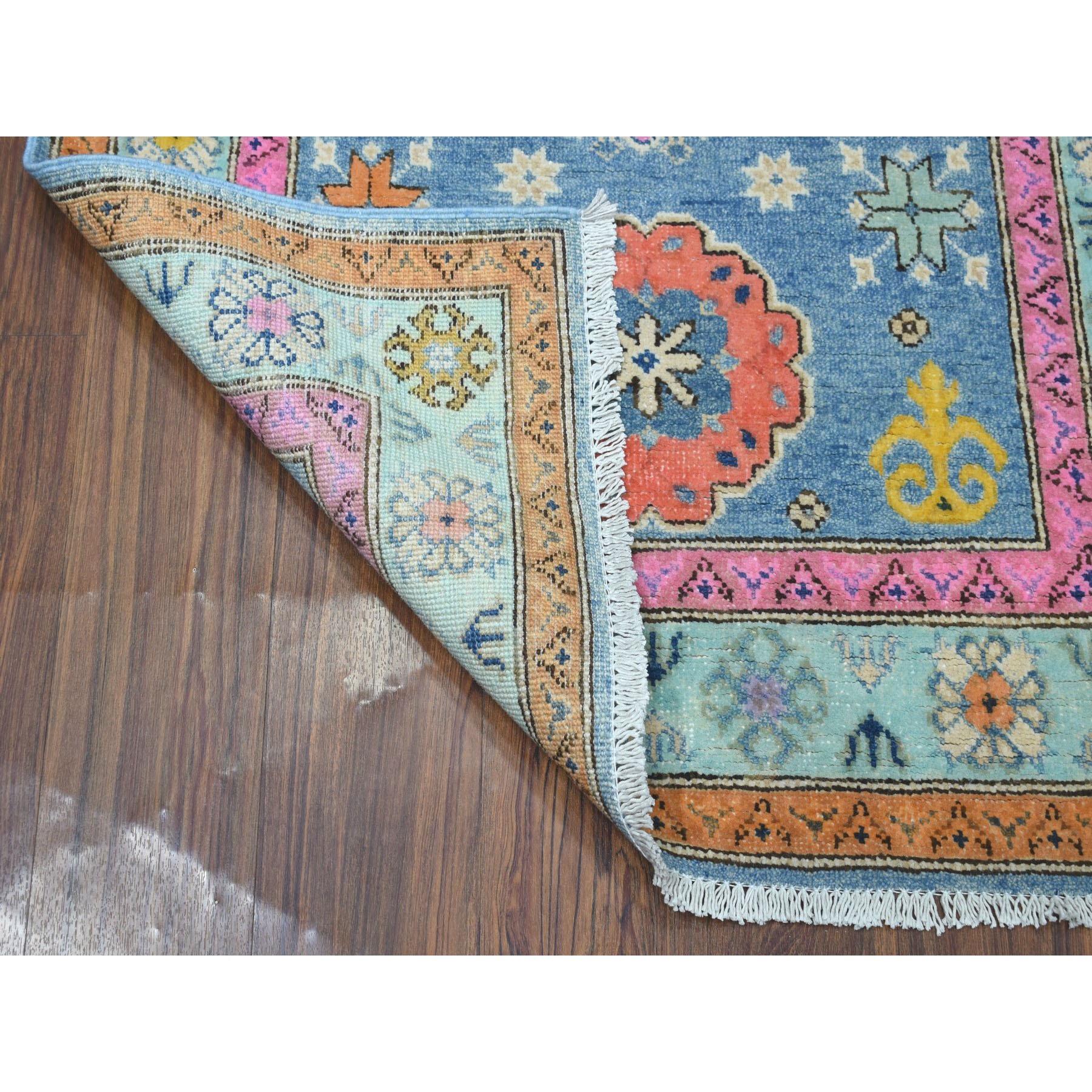 3-2 x4-10  Colorful Blue Fusion Kazak Pure Wool Geometric Design Hand Knotted Oriental Rug 