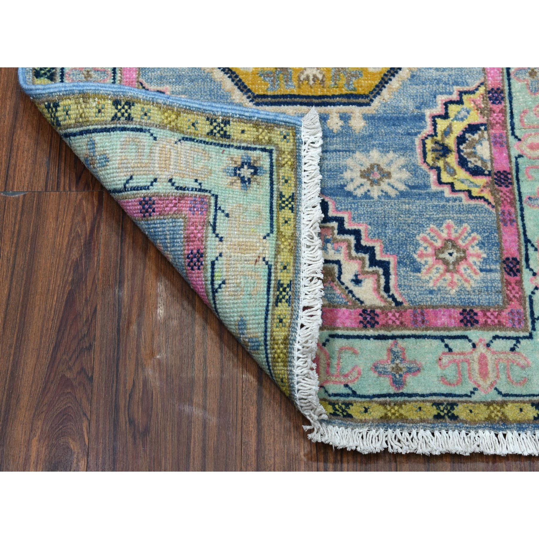 2-1 x3- Colorful Blue Fusion Kazak Pure Wool Geometric Design Hand Knotted Oriental Rug 