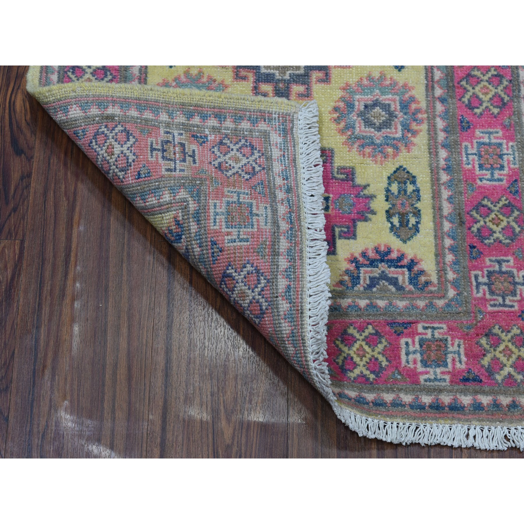2-x2-10  Colorful Yellow Fusion Kazak Pure Wool Geometric Design Hand Knotted Oriental Rug 