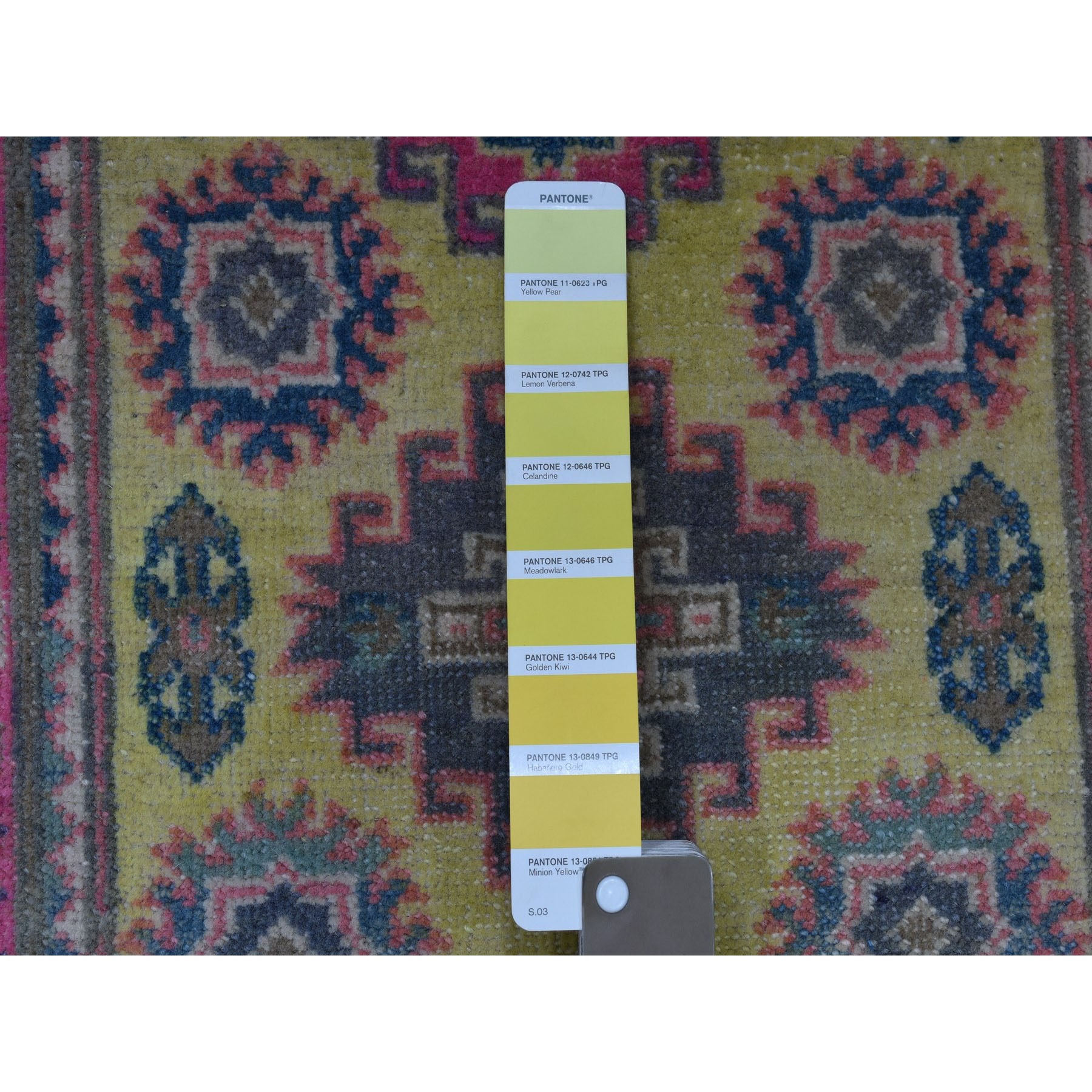 2-x2-10  Colorful Yellow Fusion Kazak Pure Wool Geometric Design Hand Knotted Oriental Rug 