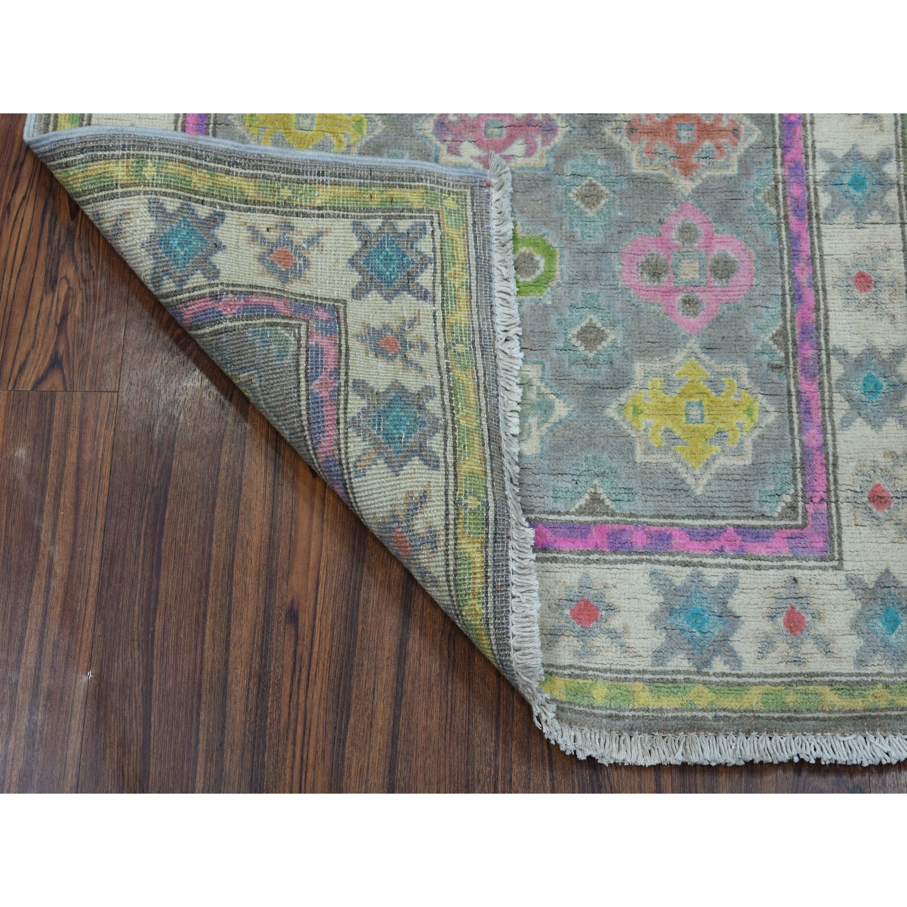 2-9 x4- Colorful Gray Fusion Kazak Pure Wool Geometric Design Hand Knotted Oriental Rug 