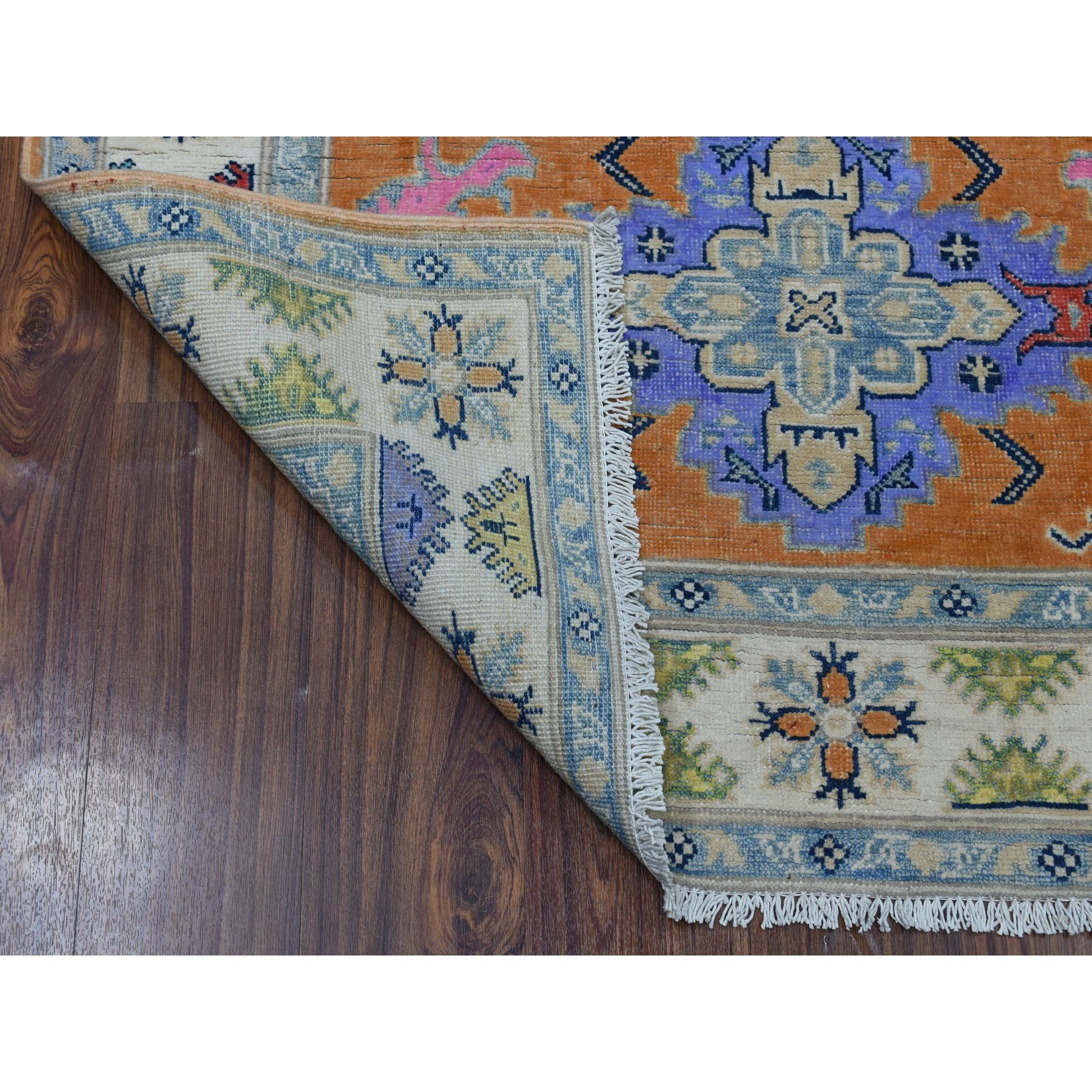 4-x5-4  Colorful OrangeFusion Kazak Pure Wool Geometric Design Hand Knotted Oriental Rug 