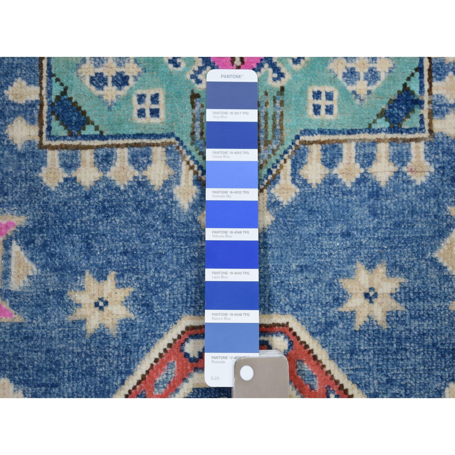 4-x5-9  Colorful Blue Fusion Kazak Pure Wool Geometric Design Hand Knotted Oriental Rug 