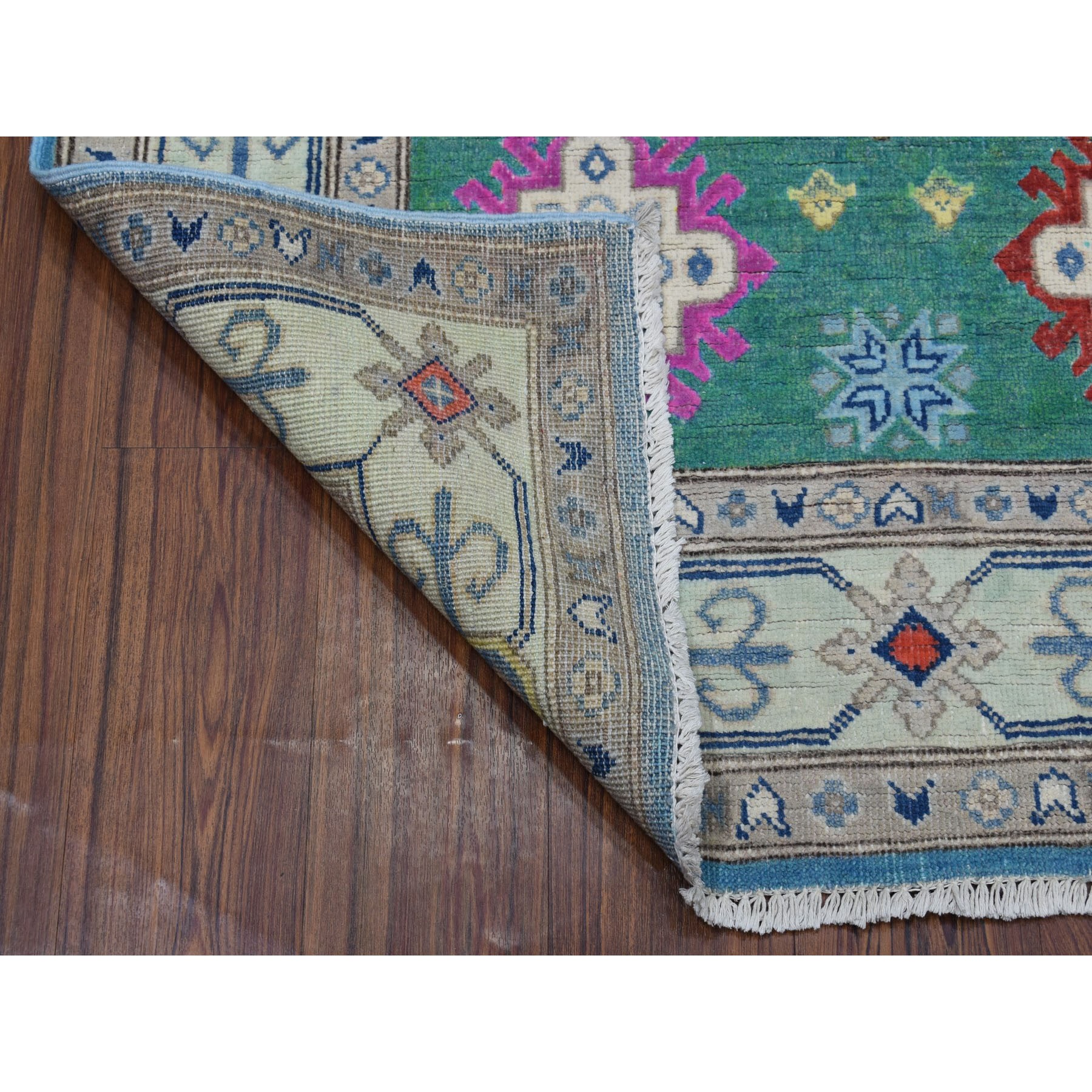 4-x6-  Colorful Green Fusion Kazak Pure Wool Geometric Design Hand Knotted Oriental Rug 