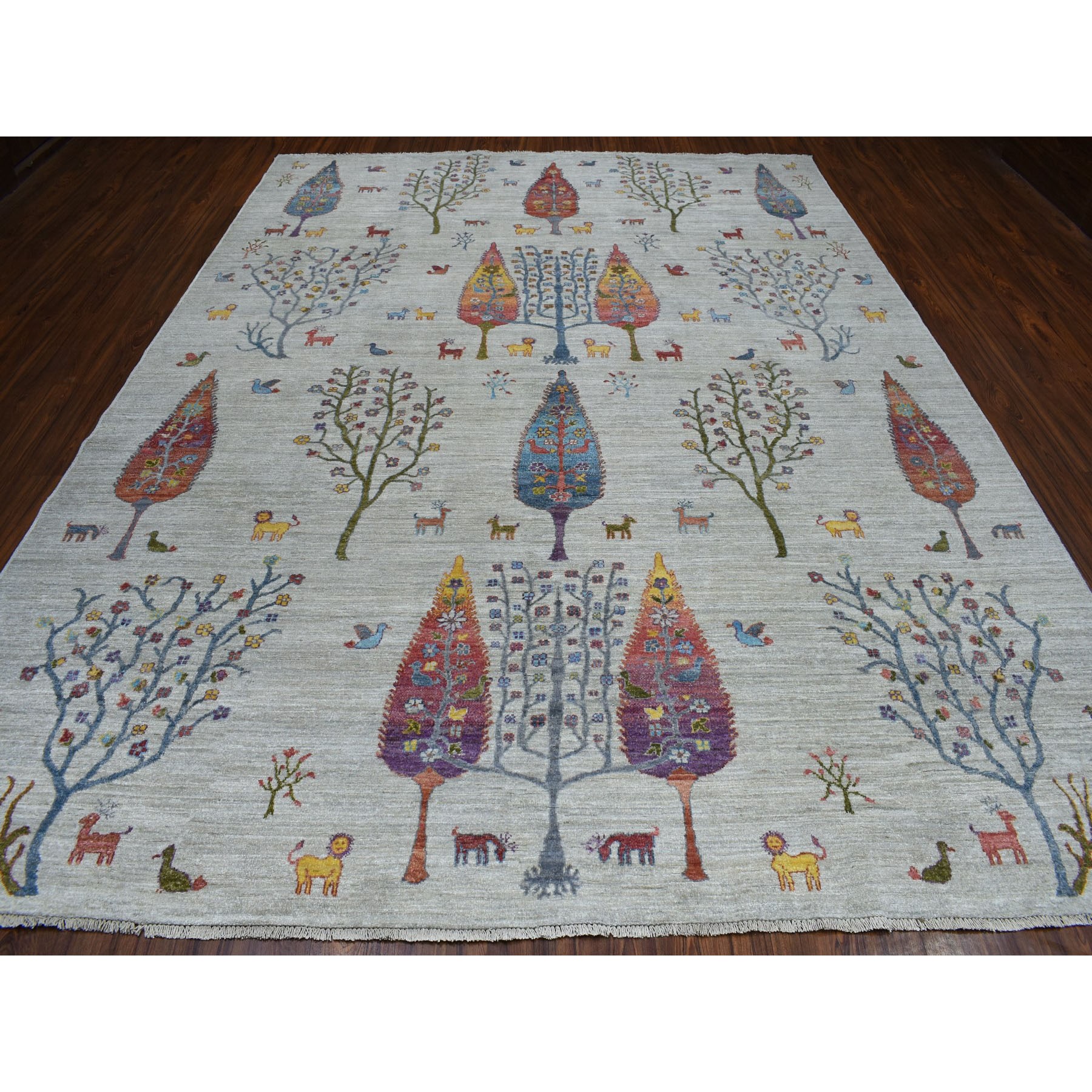 9-x11-10  Folk Art Willow And Cypress Tree Design Peshawar With Pop Of Color Hand Knotted Oriental Rug 