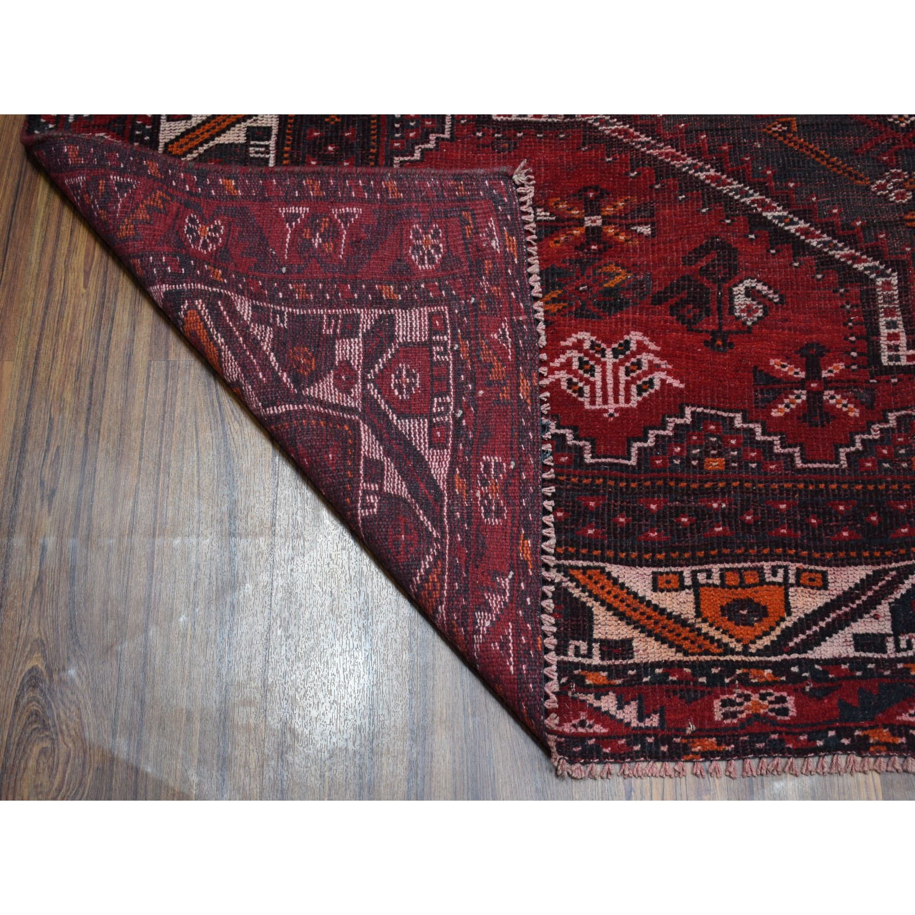 6-9 x9-6   Red Vintage And Worn Down Persian Shiraz Hand Knotted Bohemian Rug 