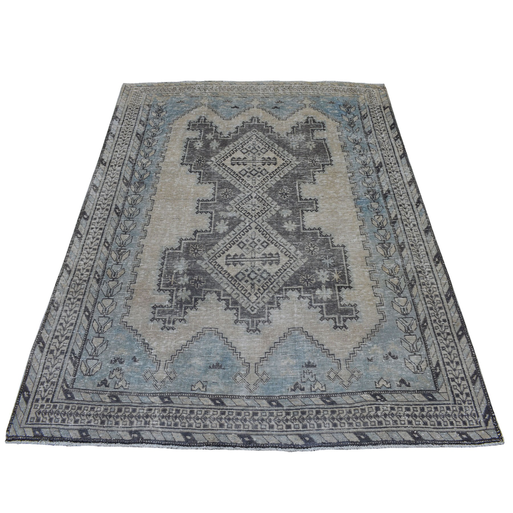 5-x6-8  Vintage And Worn Down Distressed Colors Persian Qashqai Hand Knotted Bohemian Rug 