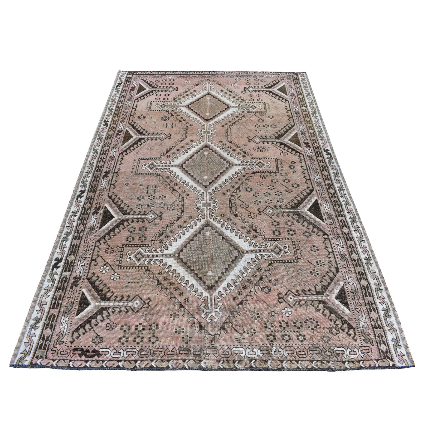 4'9"X7'7" Vintage And Worn Down Distressed Colors Persian Shiraz Hand Knotted Bohemian Rug moaed0d9