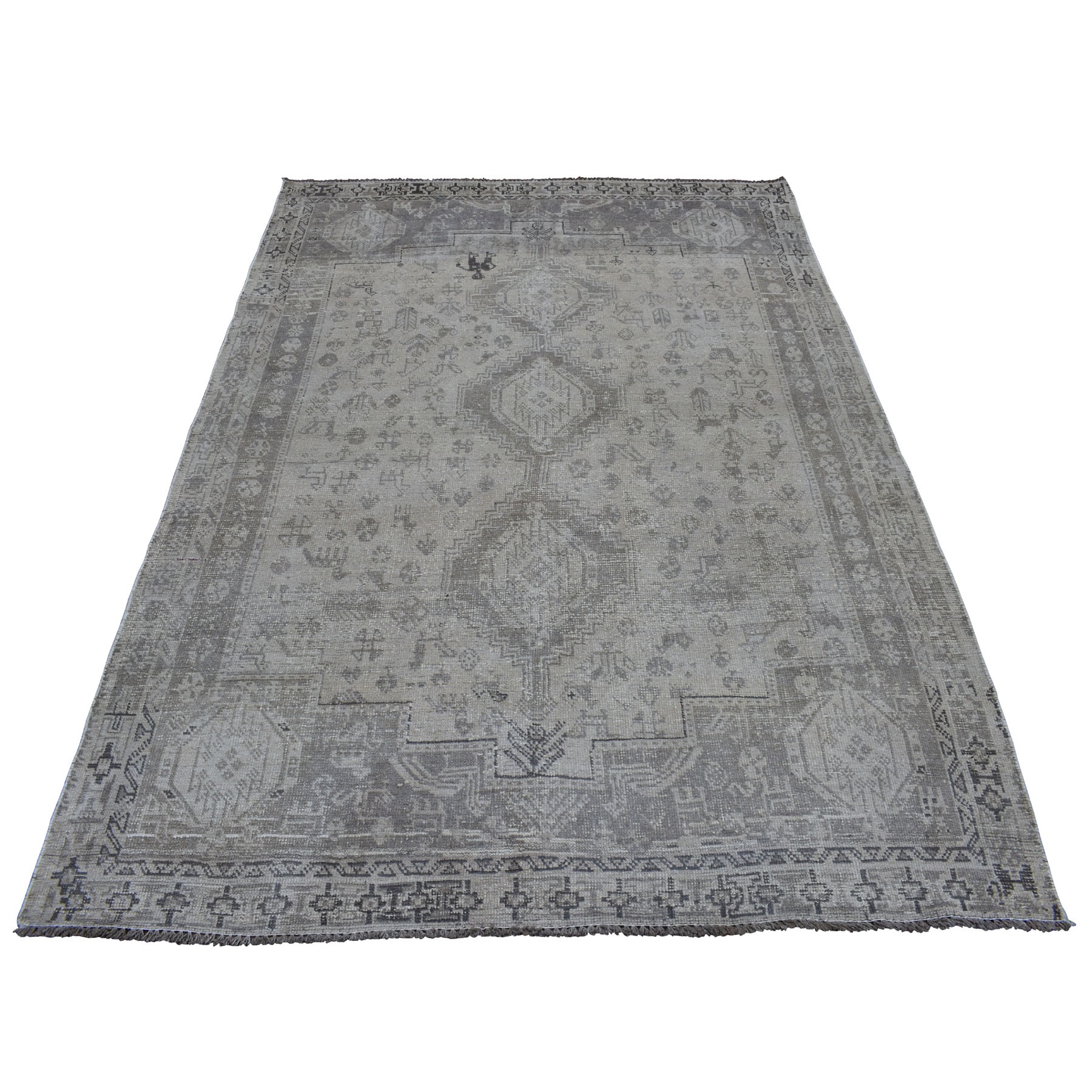5'5"X7'6"  Vintage And Worn Down Distressed Colors Persian Qashqai Hand Knotted Bohemian Rug moaed069