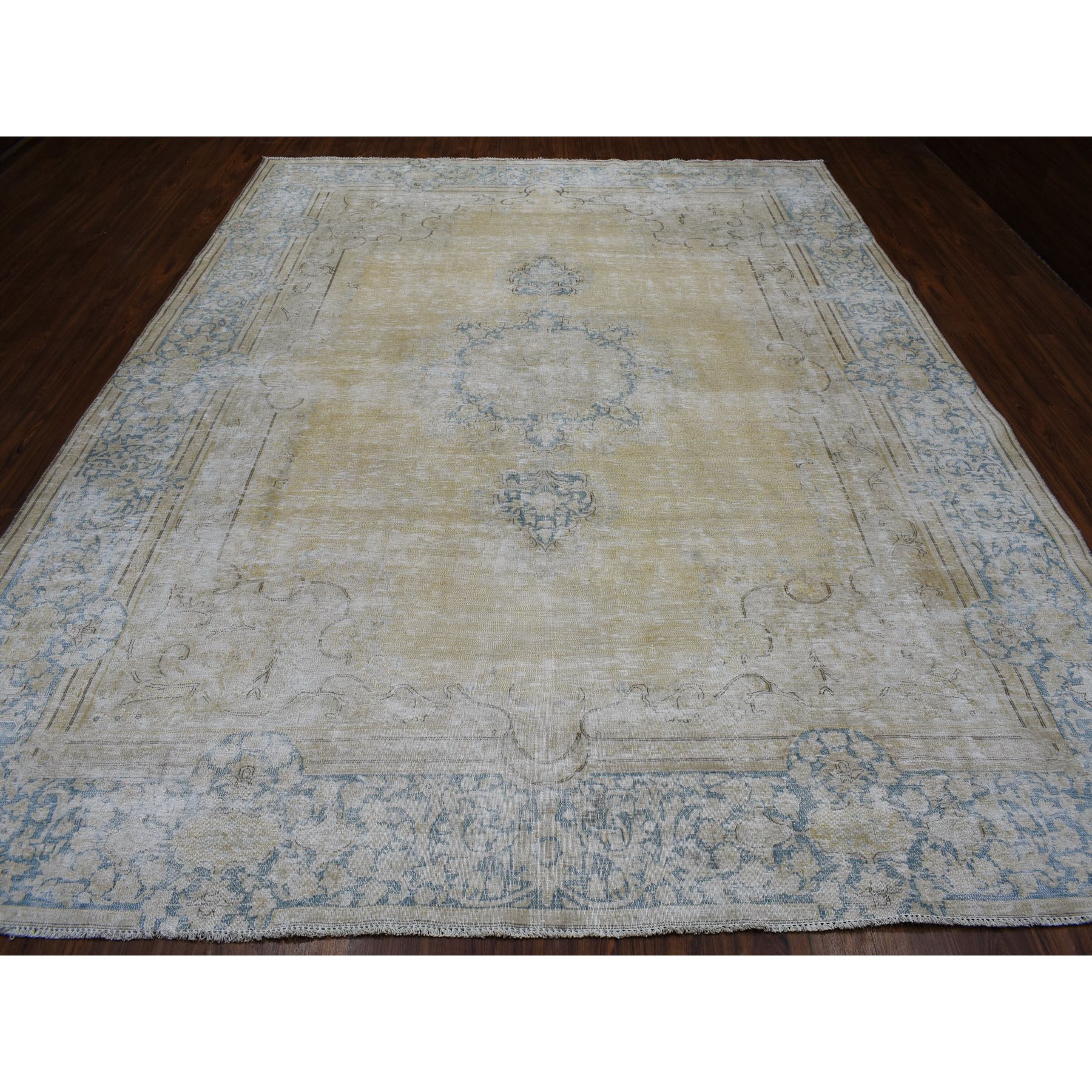 9-6 x12-2  Gold Persian Kerman Vintage Worn Down And Distressed Pure Wool Hand Knotted Oriental Rug 