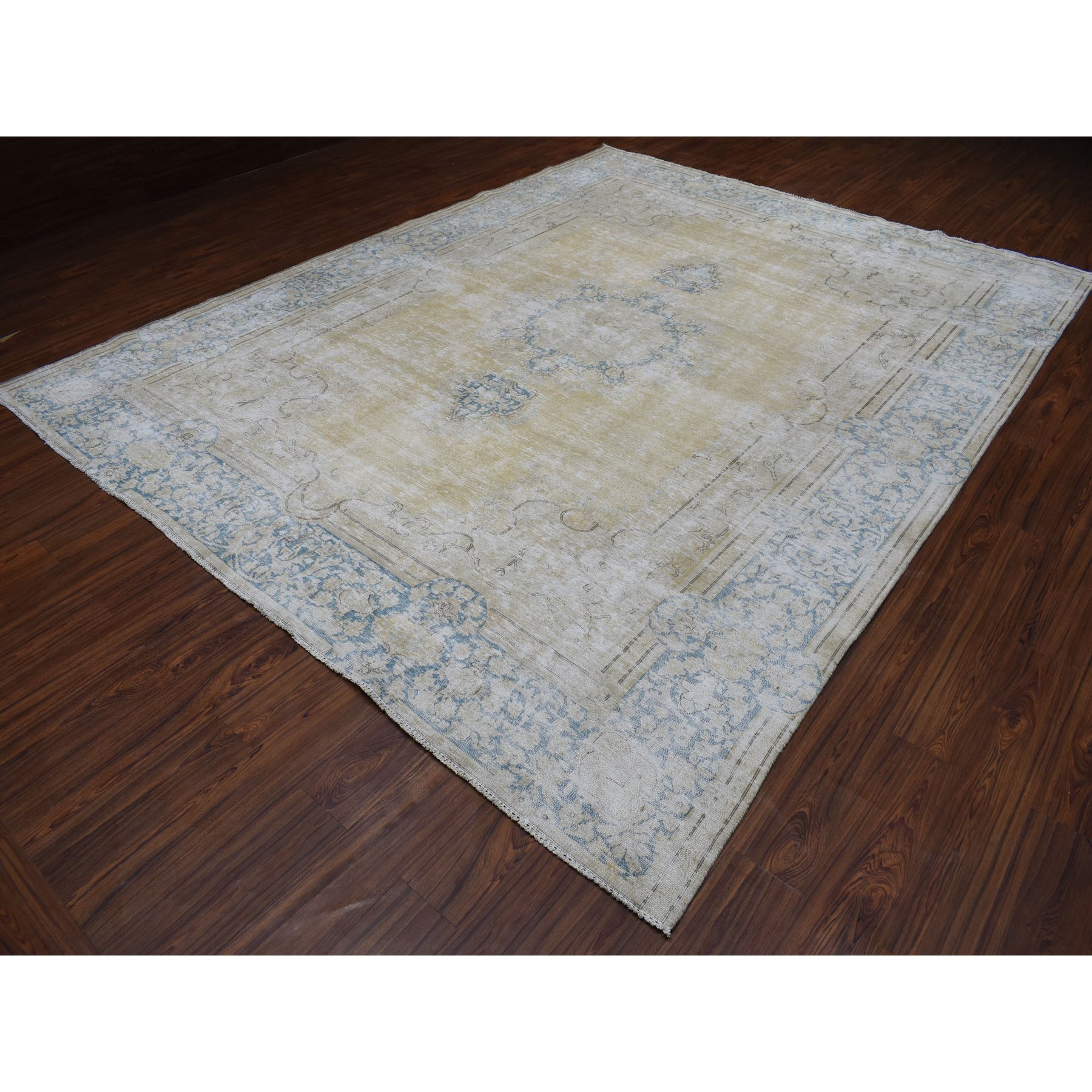 9-6 x12-2  Gold Persian Kerman Vintage Worn Down And Distressed Pure Wool Hand Knotted Oriental Rug 