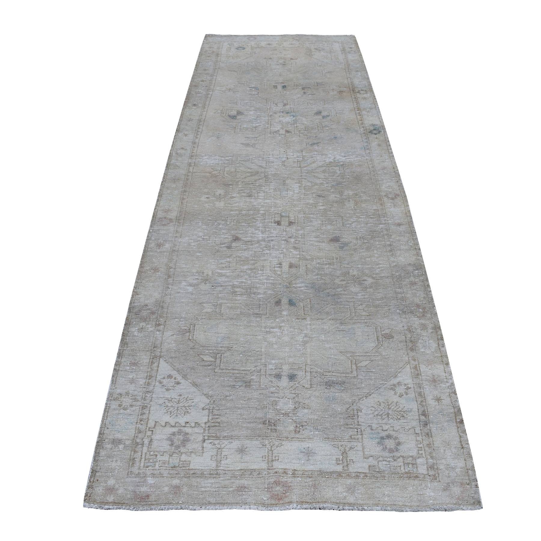 3'5"X9'10" Vintage And Worn Down Distressed Colors Persian Qashqai Wide Runner Hand Knotted Bohemian Rug moaeda0e