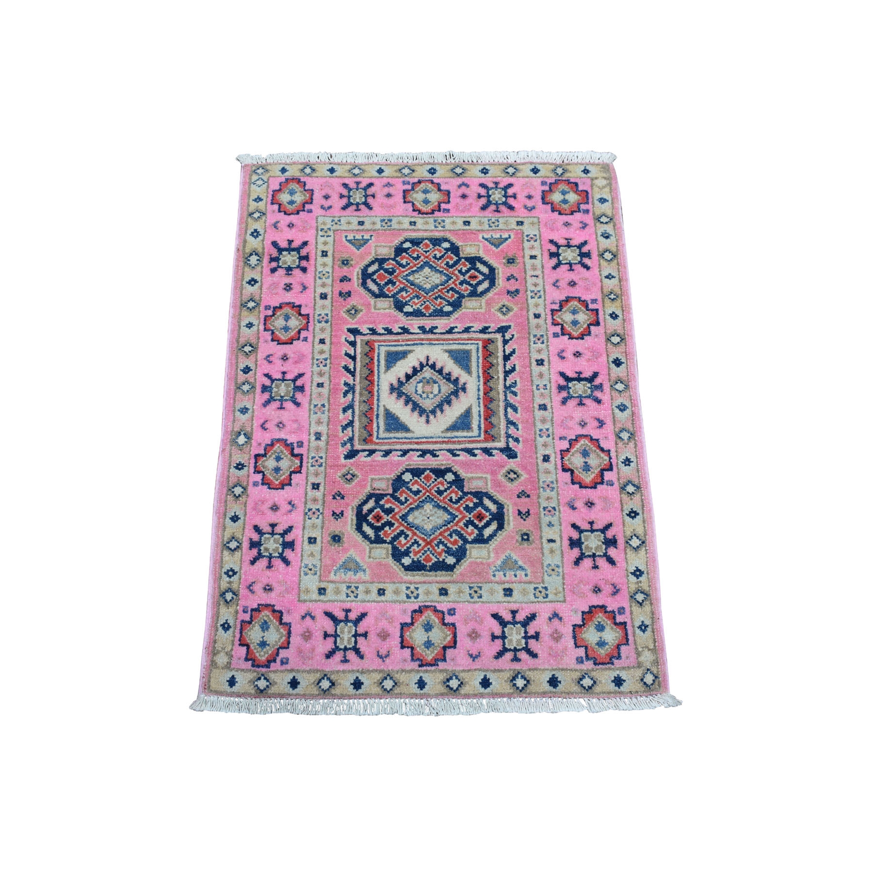 2'1"X2'10" Colorful Pink Fusion Kazak Pure Wool Geometric Design Hand Knotted Oriental Rug moaeda6e