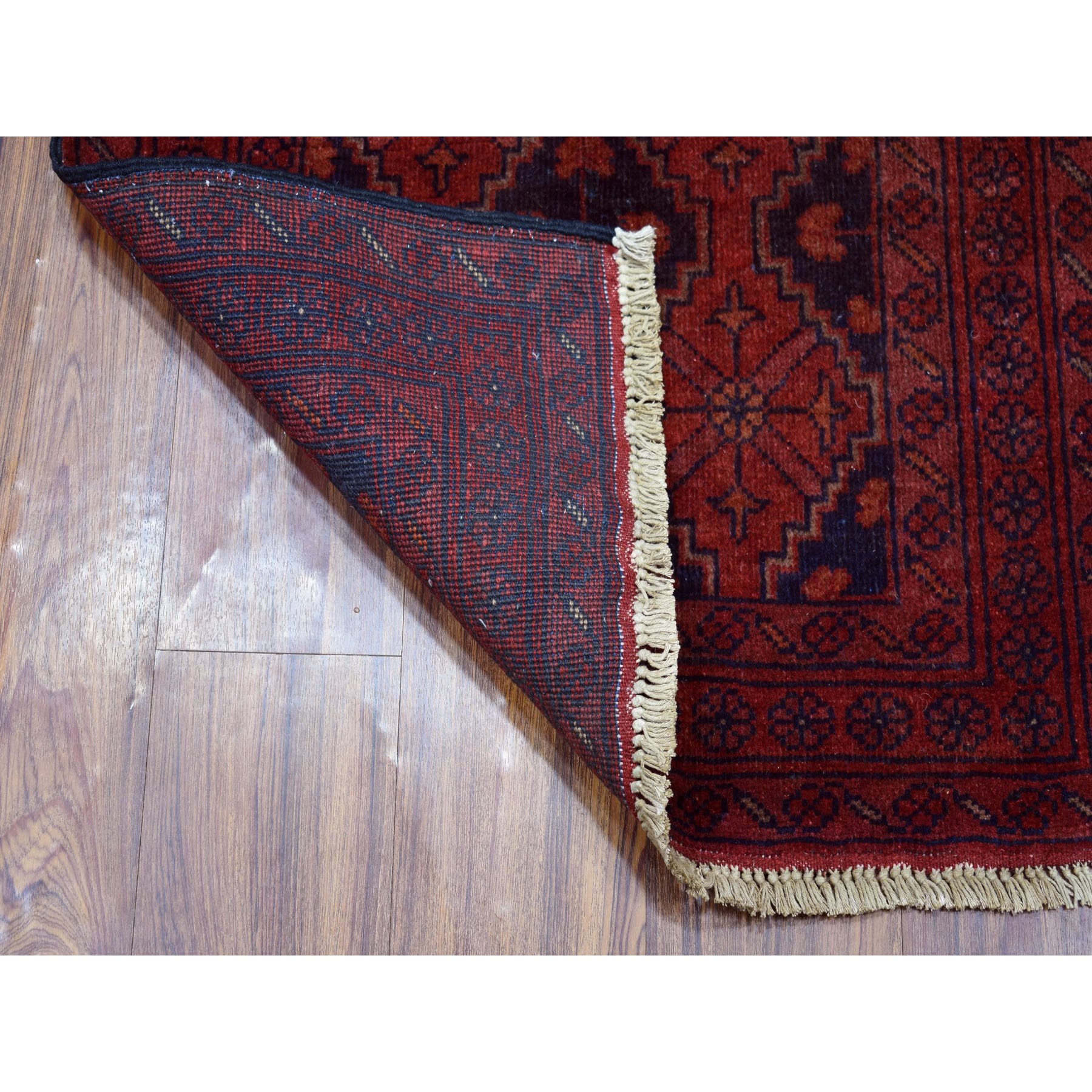 2-4 x4- Deep and Saturated Red Geometric Afghan Andkhoy Pure Wool Hand Knotted Oriental Rug 