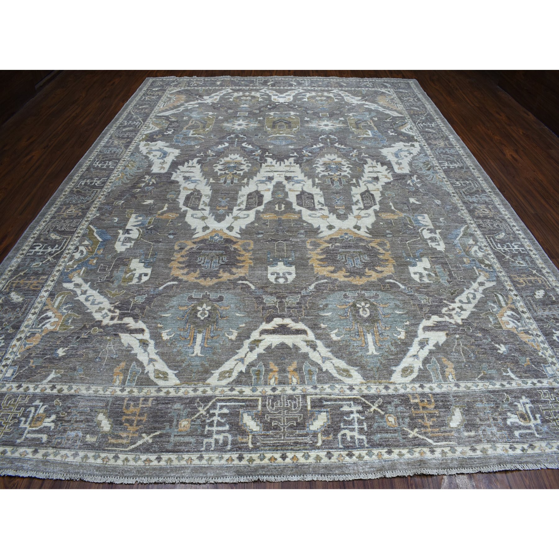 10-x13-7  Gray Peshawar Serrated Leaves Mahal Design Hand Knotted Oriental Rug 