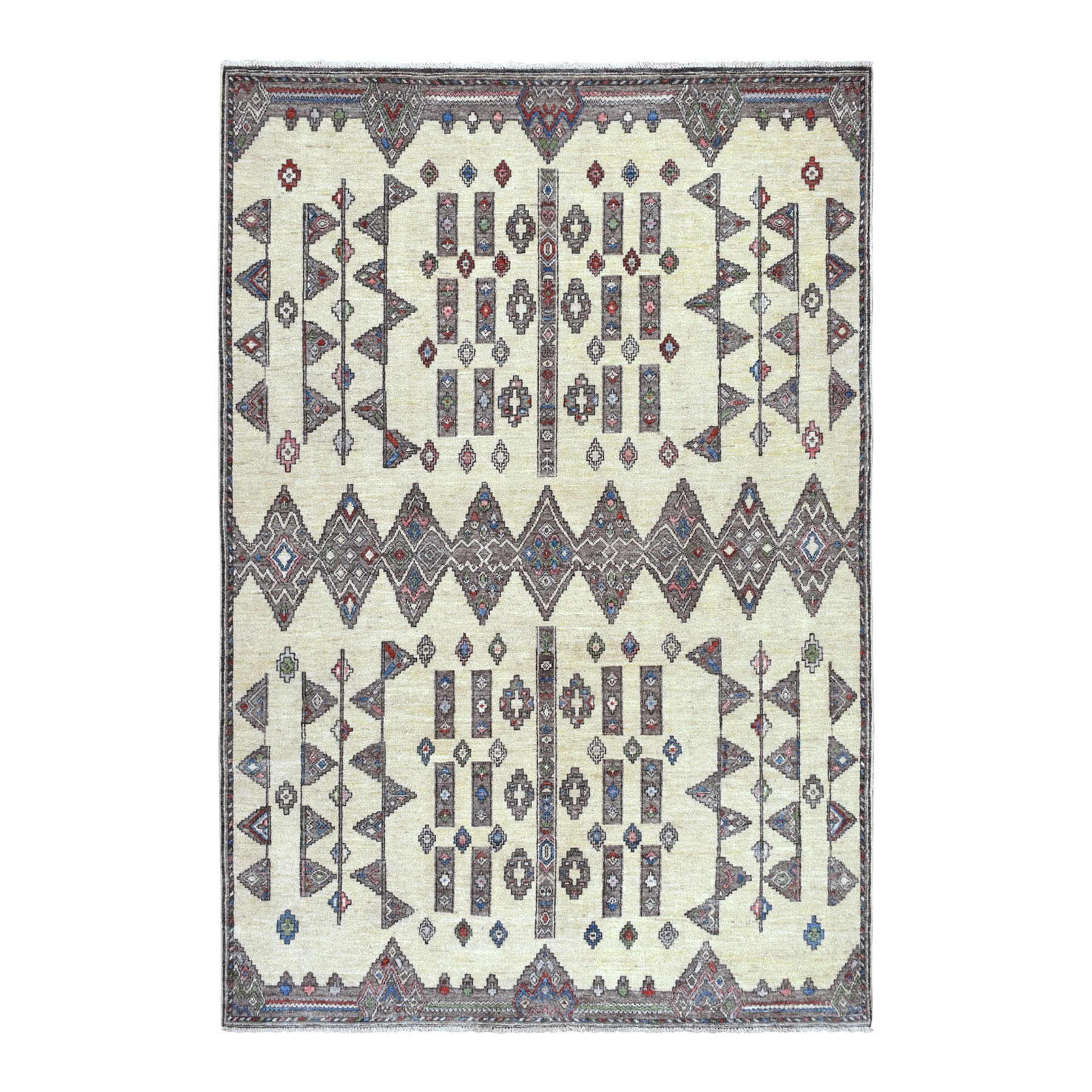 6'X9' Ivory Peshawar With Berber Motifs Inspired With Pop Of Color Pure Wool Oriental Rug moaedba0