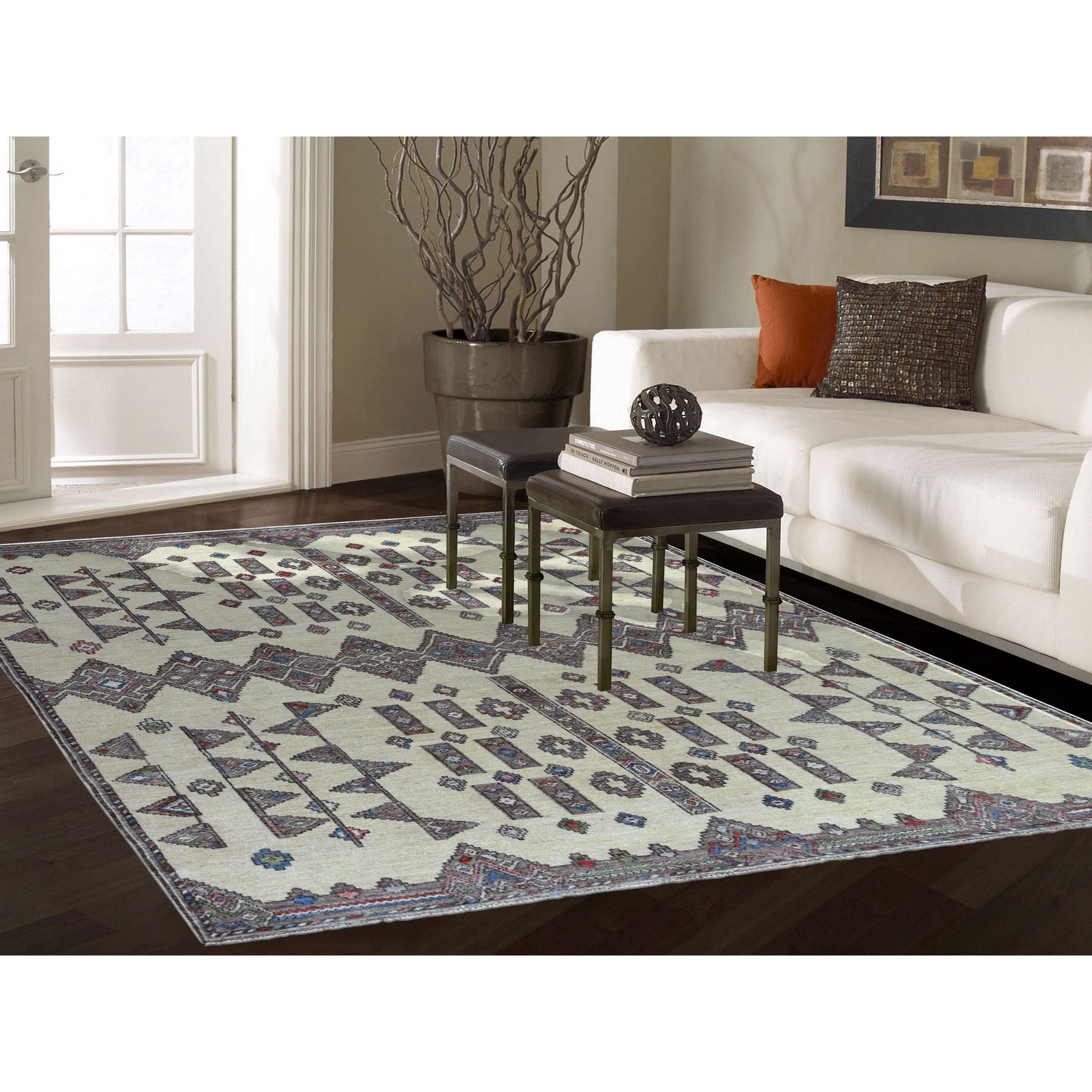 6-x9- Ivory Peshawar With Berber Motifs Inspired With pop Of Color Pure Wool Oriental Rug 