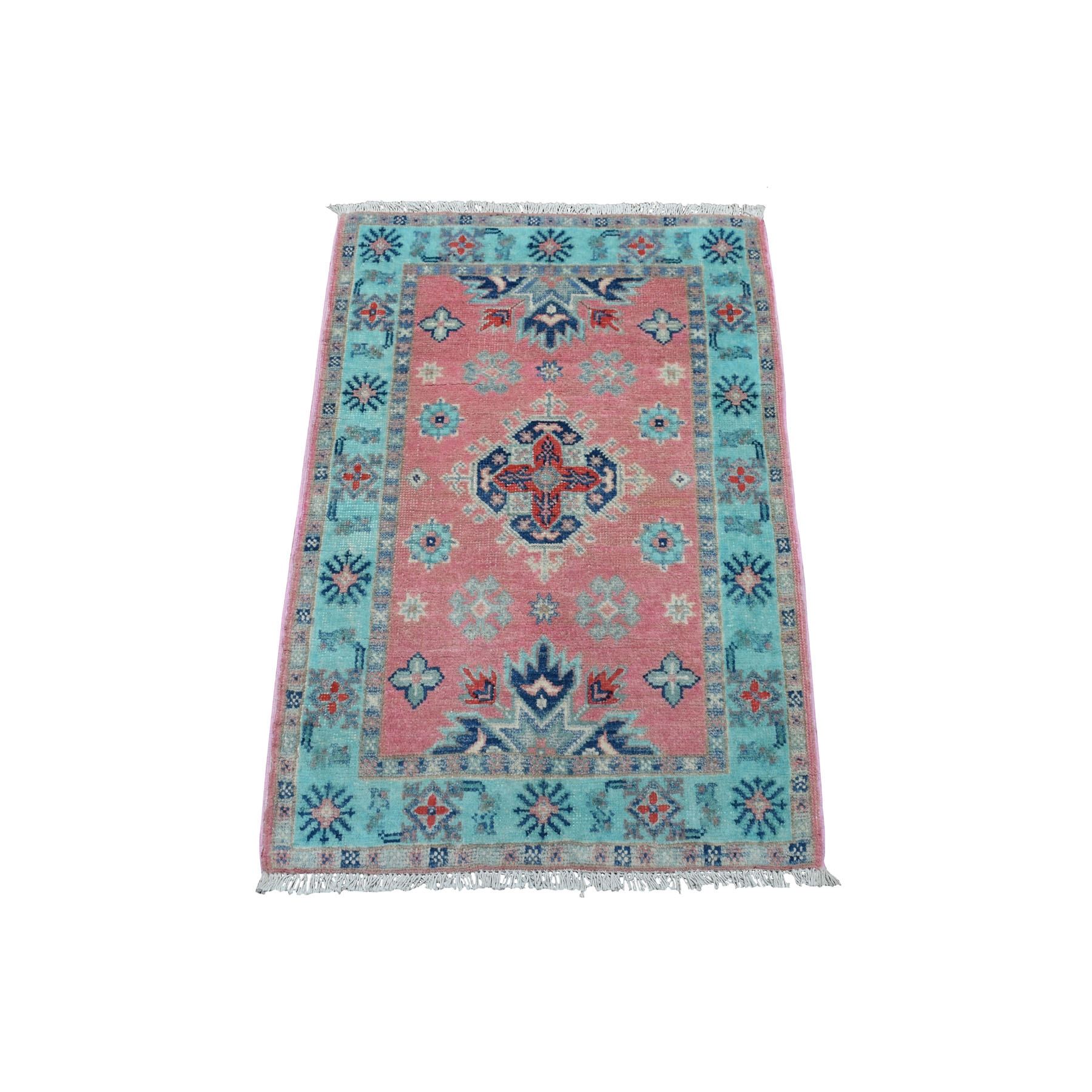 2'1"X3' Colorful Pink Fusion Kazak Pure Wool Geometric Design Hand Knotted Oriental Rug moaedb6d