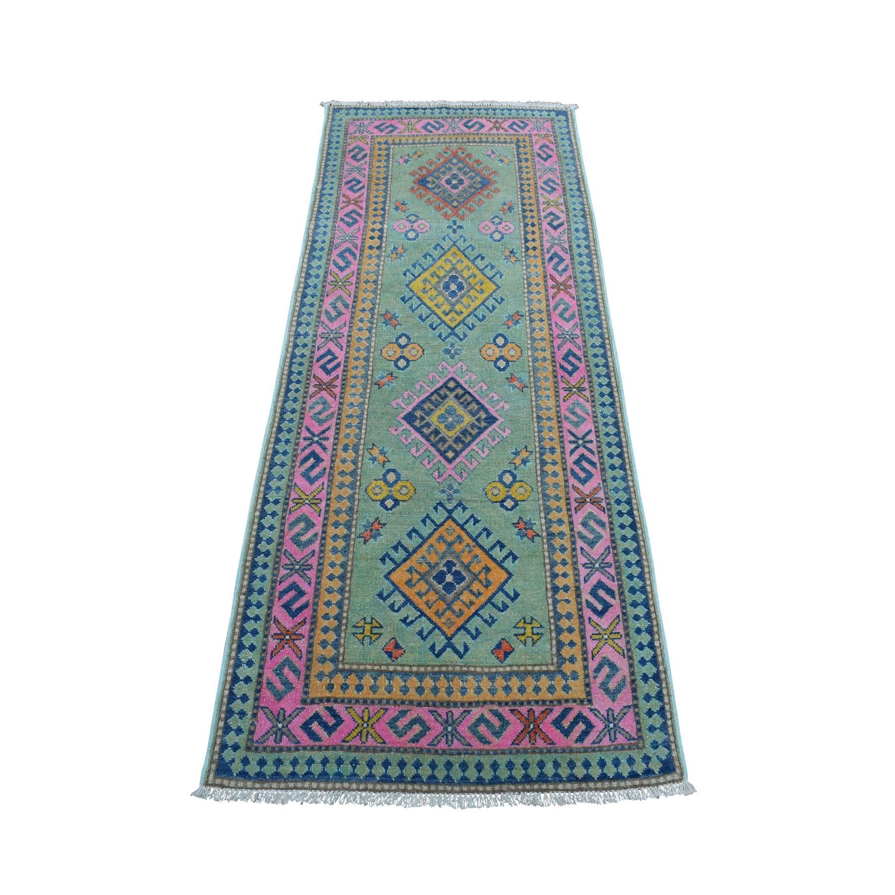 2-9 x6-4   Colorful Green Fusion Kazak Pure Wool Geometric Design Runner Hand Knotted Oriental Rug 