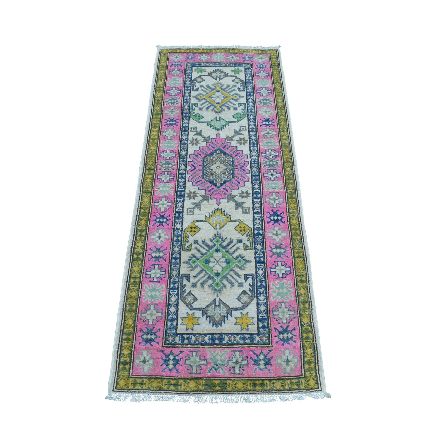 2'1"X5'9" Colorful Ivory Fusion Kazak Pure Wool Hand Knotted Runner Oriental Rug moaedb76