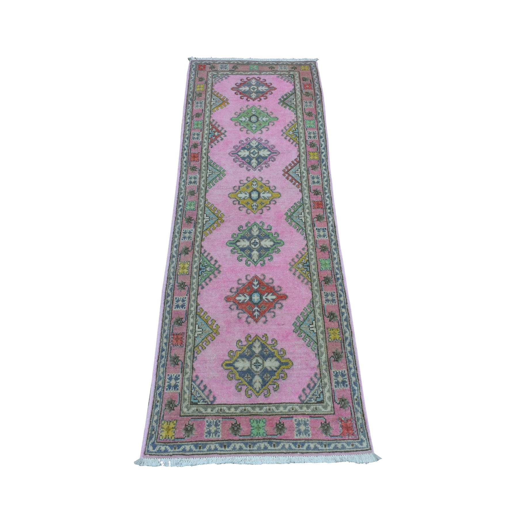 2'X6'1" Colorful Pink Fusion Kazak Pure Wool Geometric Design Runner Hand Knotted Oriental Rug moaedb77