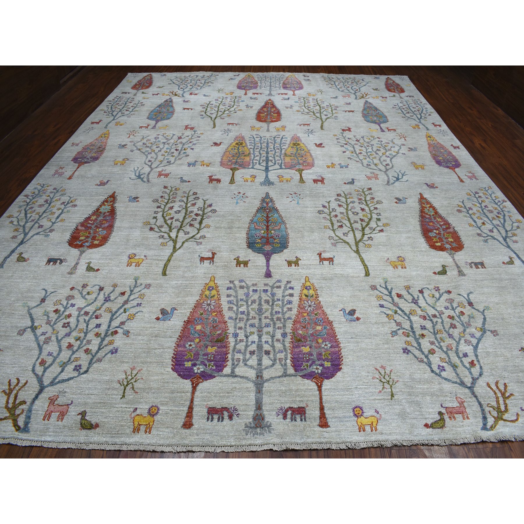 11-7 x14-8  Oversized Folk Art Willow And Cypress Tree Design Peshawar With Pop Of Color Hand Knotted Oriental Rug 