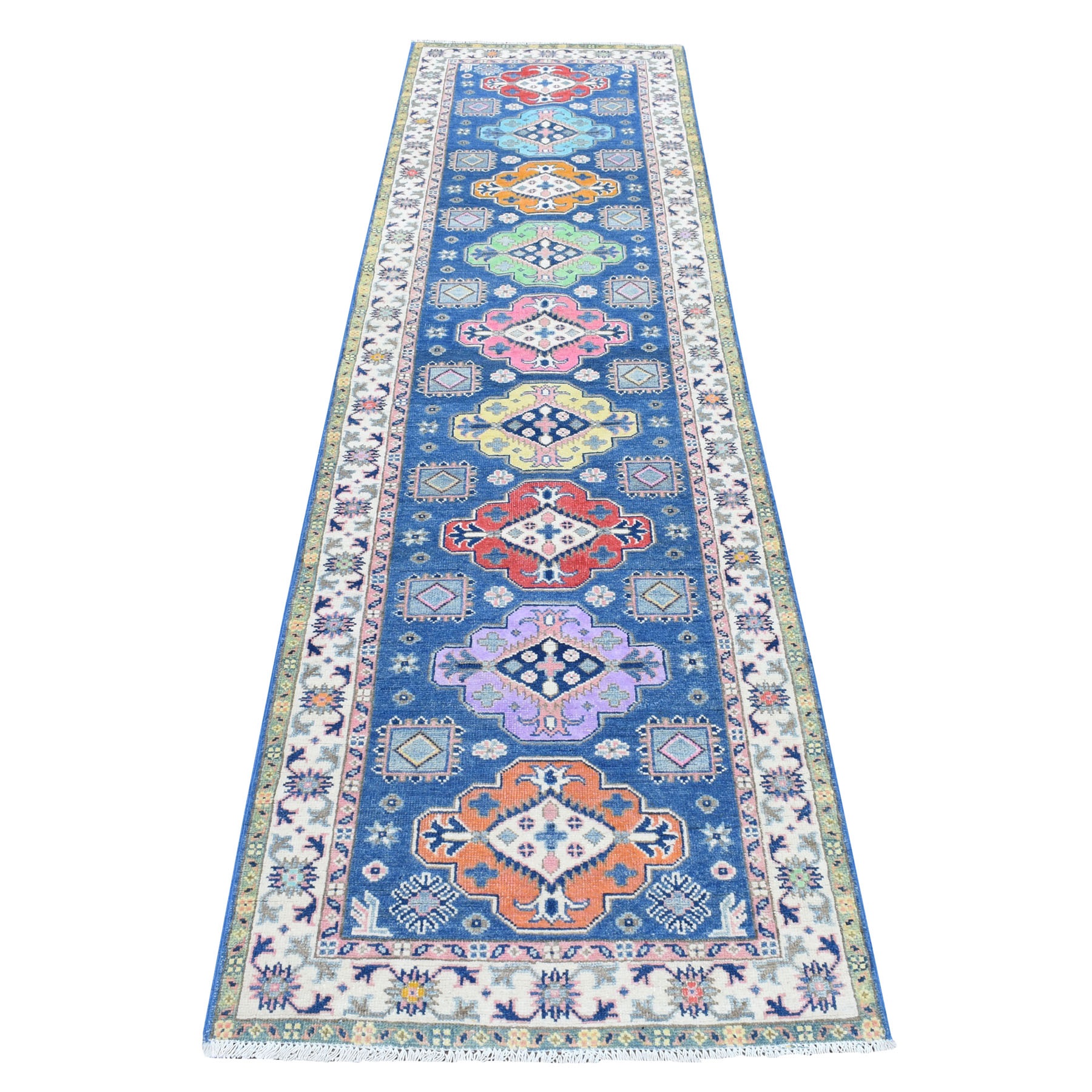 2'7"X10'1" Colorful Blue Fusion Kazak Pure Wool Hand Knotted Runner Oriental Rug moaedc0a