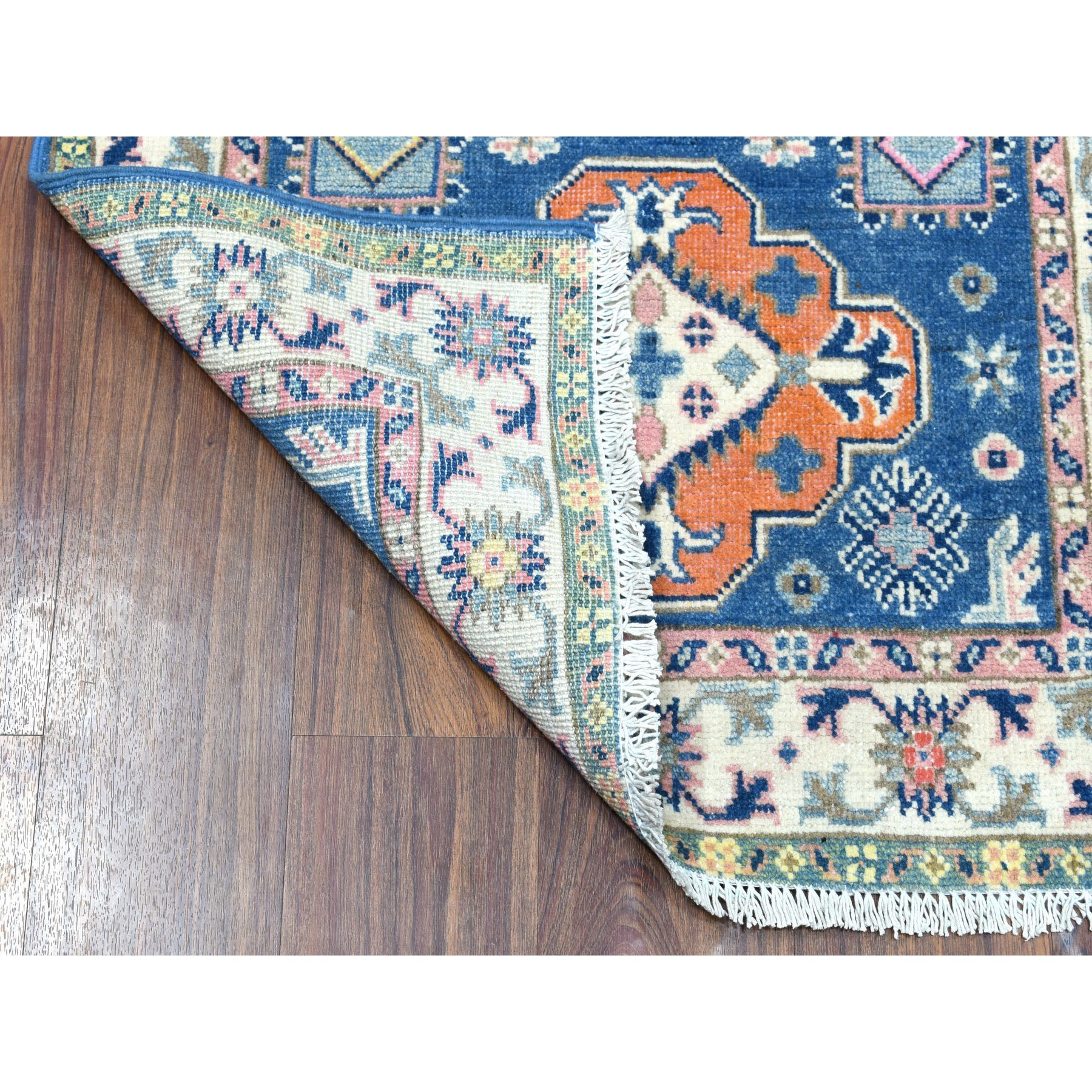 2-7 x10-1  Colorful Blue Fusion Kazak Pure Wool Hand Knotted Runner Oriental Rug 