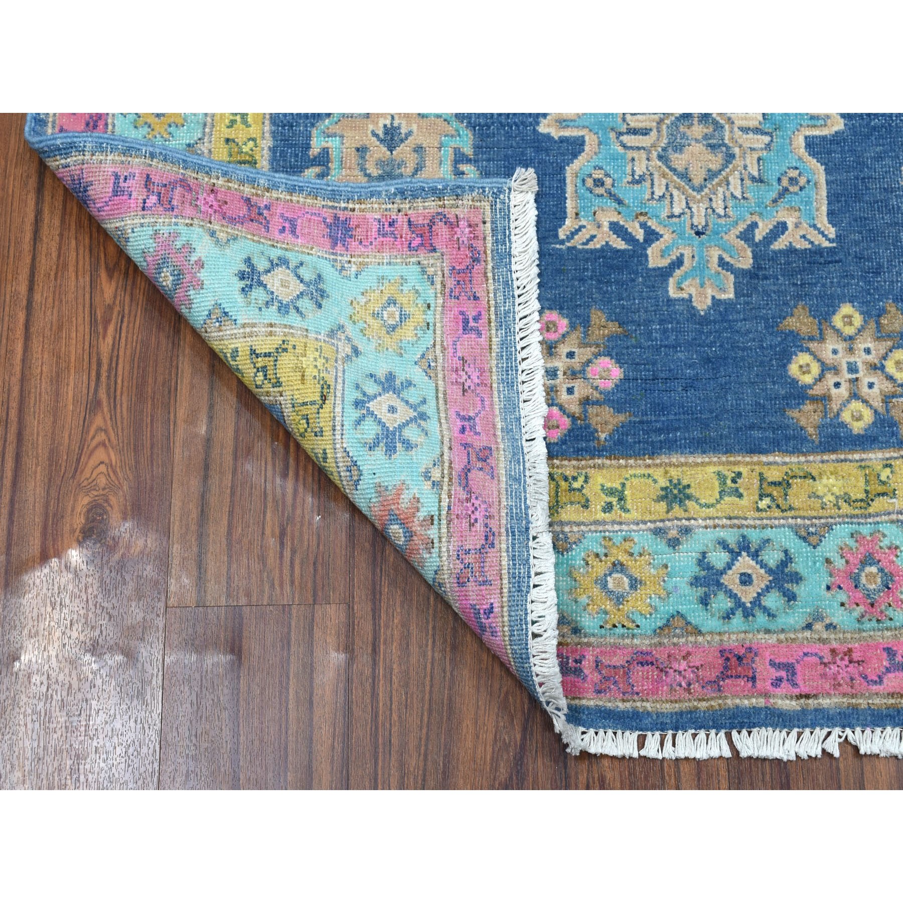 4-x5-6  Colorful Blue Fusion Kazak Pure Wool Geometric Design Hand Knotted Oriental Rug 