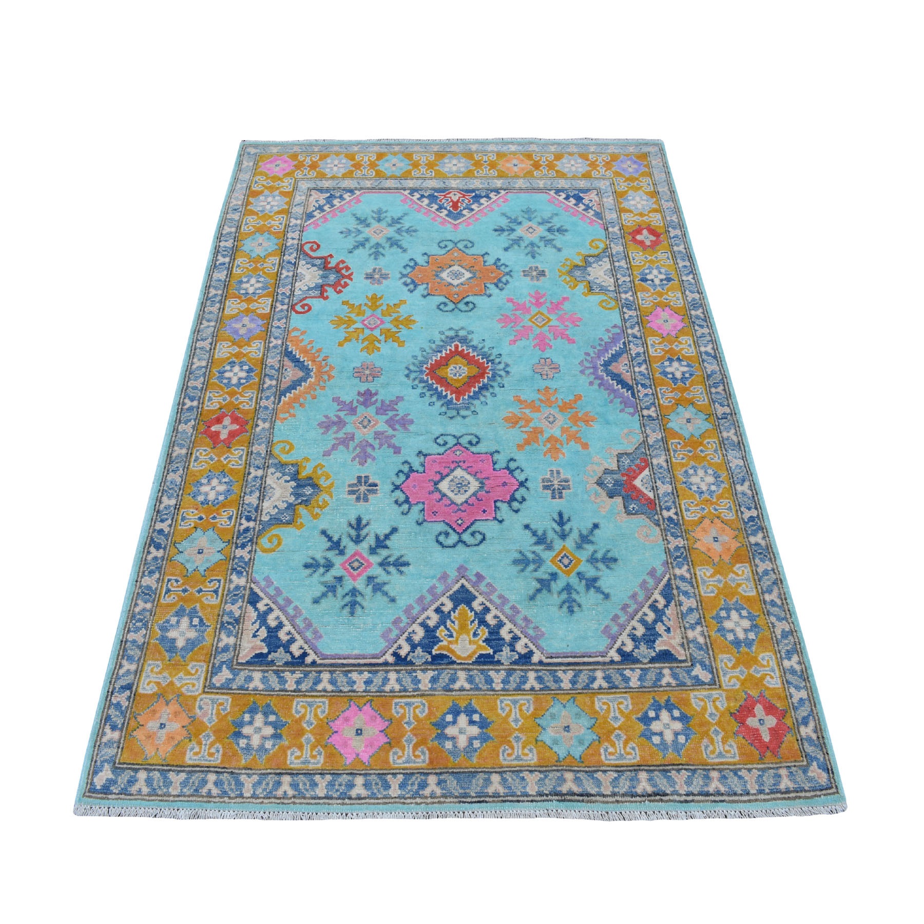 3'10"X6' Colorful Aqua Blue Fusion Kazak Pure Wool Hand Knotted Runner Oriental Rug moaedc07