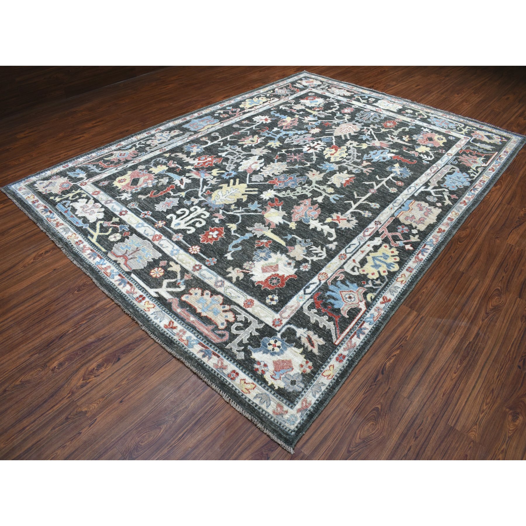 8-9 x12- Charcoal Black Angora Oushak With Soft Velvety Wool Hand Knotted Oriental Rug 