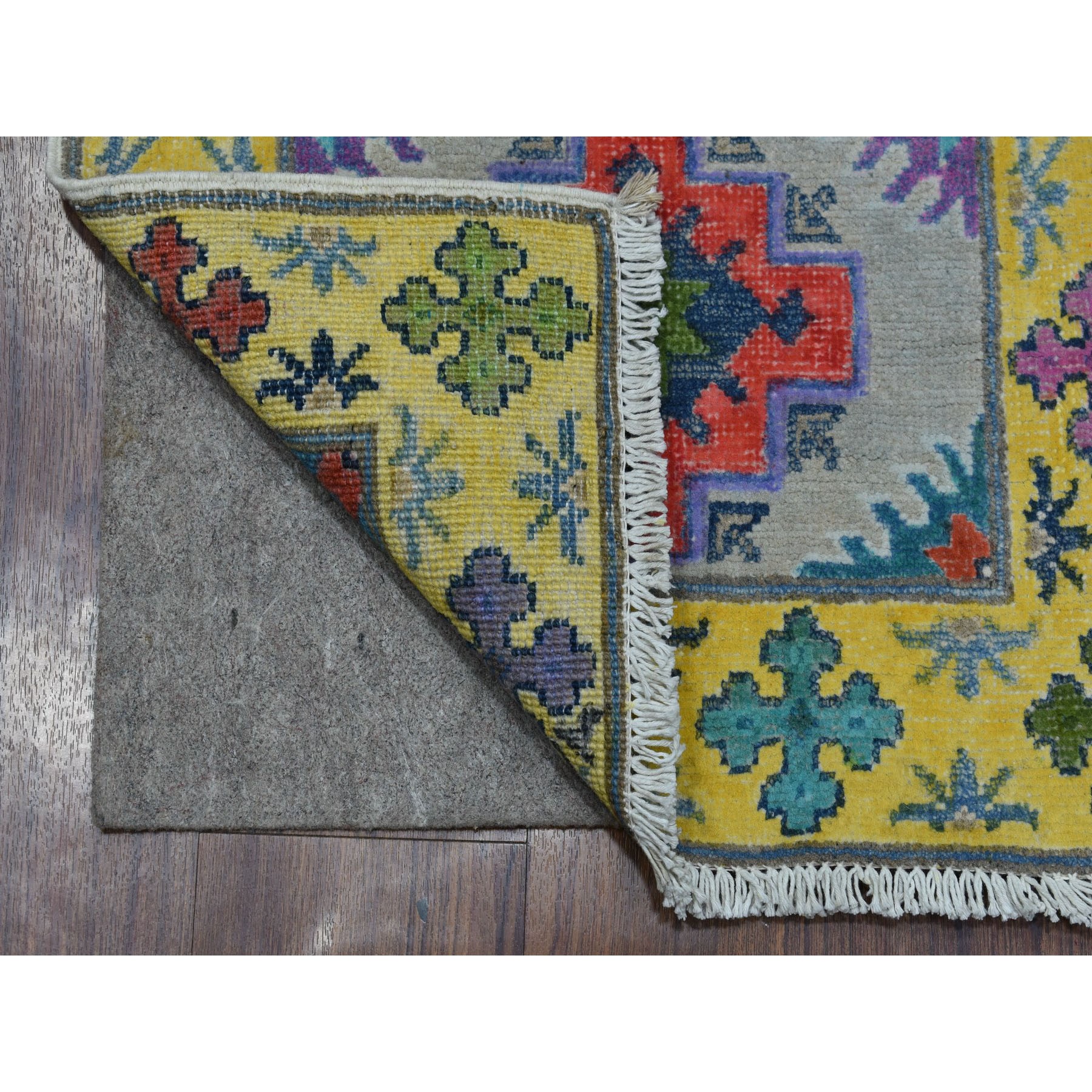 1'10"x2'9" Yellow Fusion Kazak Organic Wool Hand Knotted Mat Oriental Rug Sh55596