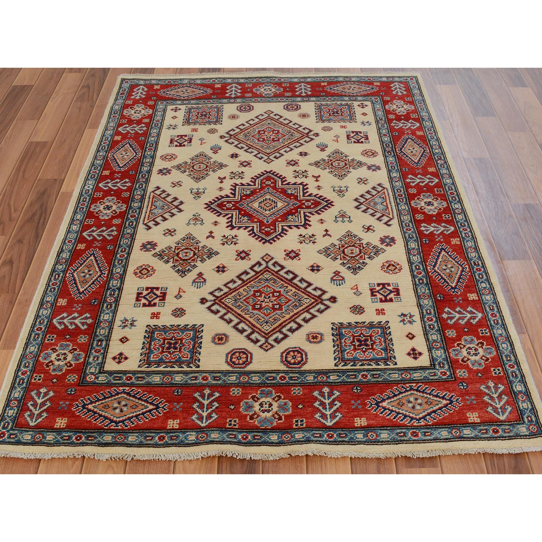 4-x5-10  Ivory Special kazak Tribal Design Pure wool Hand Knotted Oriental Rug 