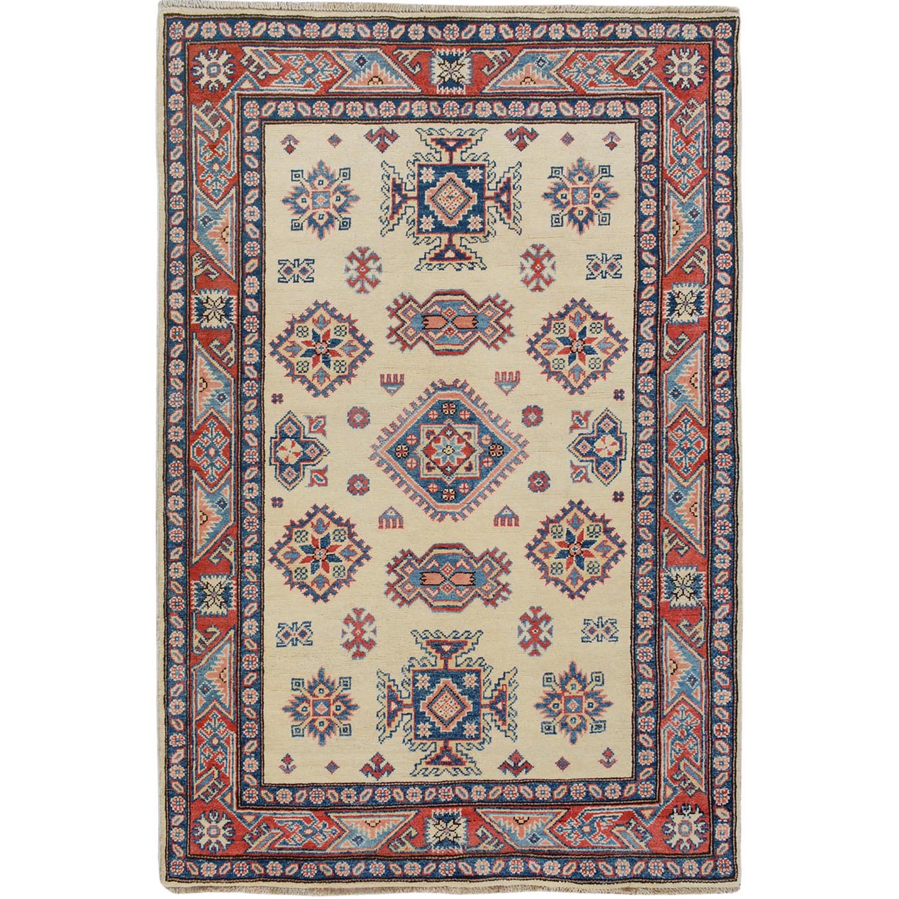 4'X5'7" Ivory Special Kazak Geometric Design Pure Wool Hand Knotted Oriental Rug moae707a