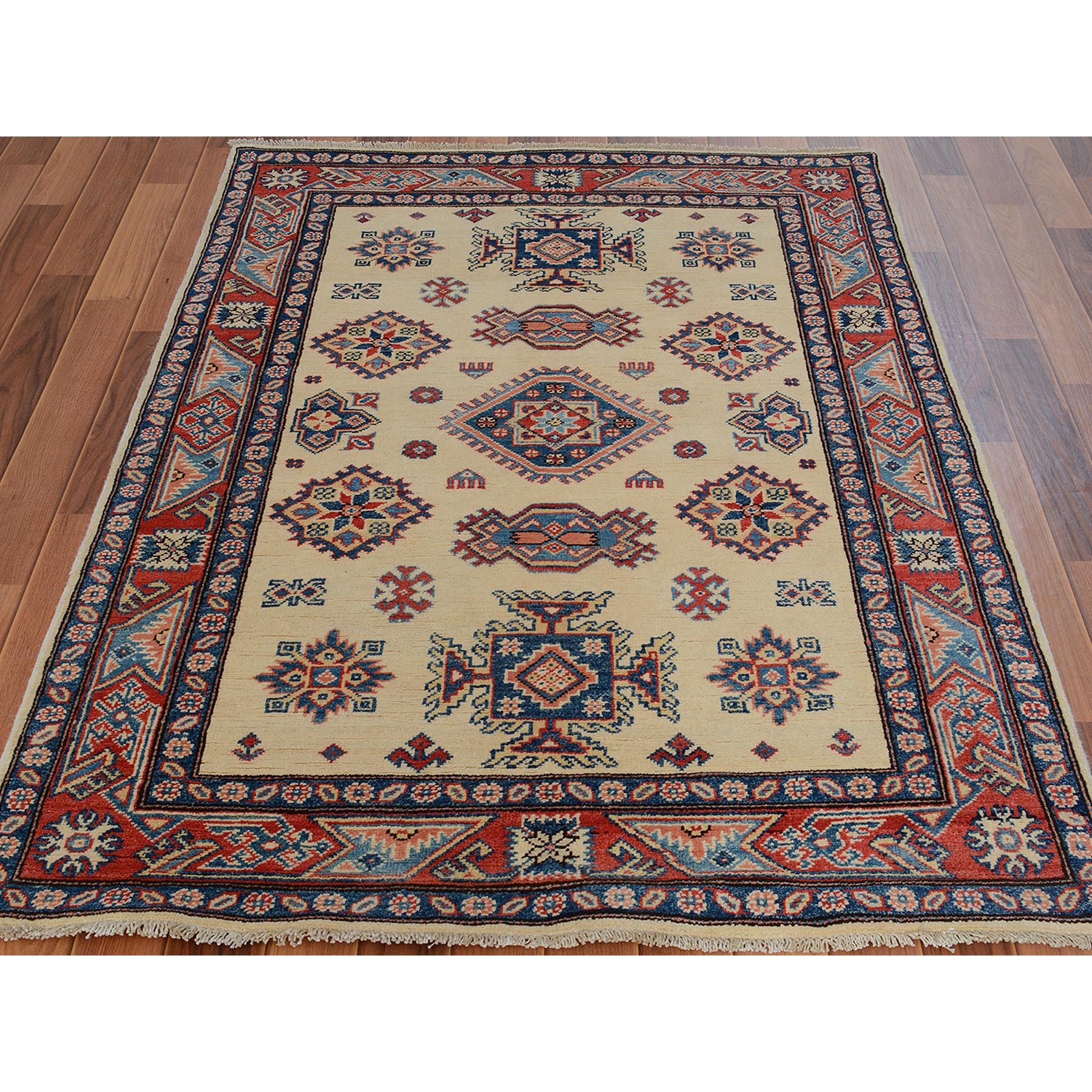 4-x5-7  Ivory Special Kazak Geometric Design Pure Wool Hand Knotted Oriental Rug 