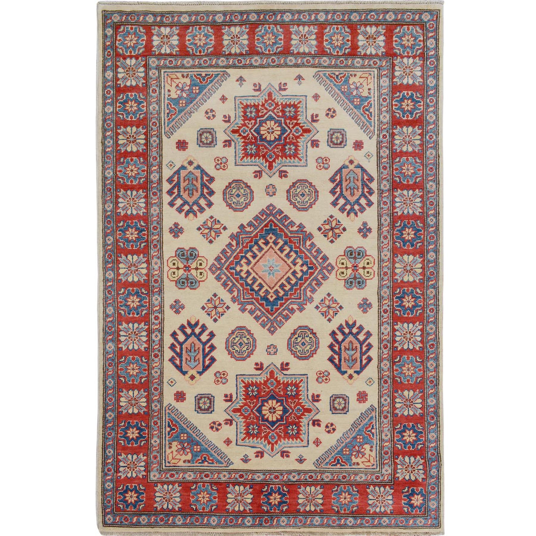 4-x6- Ivory Special Kazak with Medallion Pure Wool Hand Knotted Oriental Rug 
