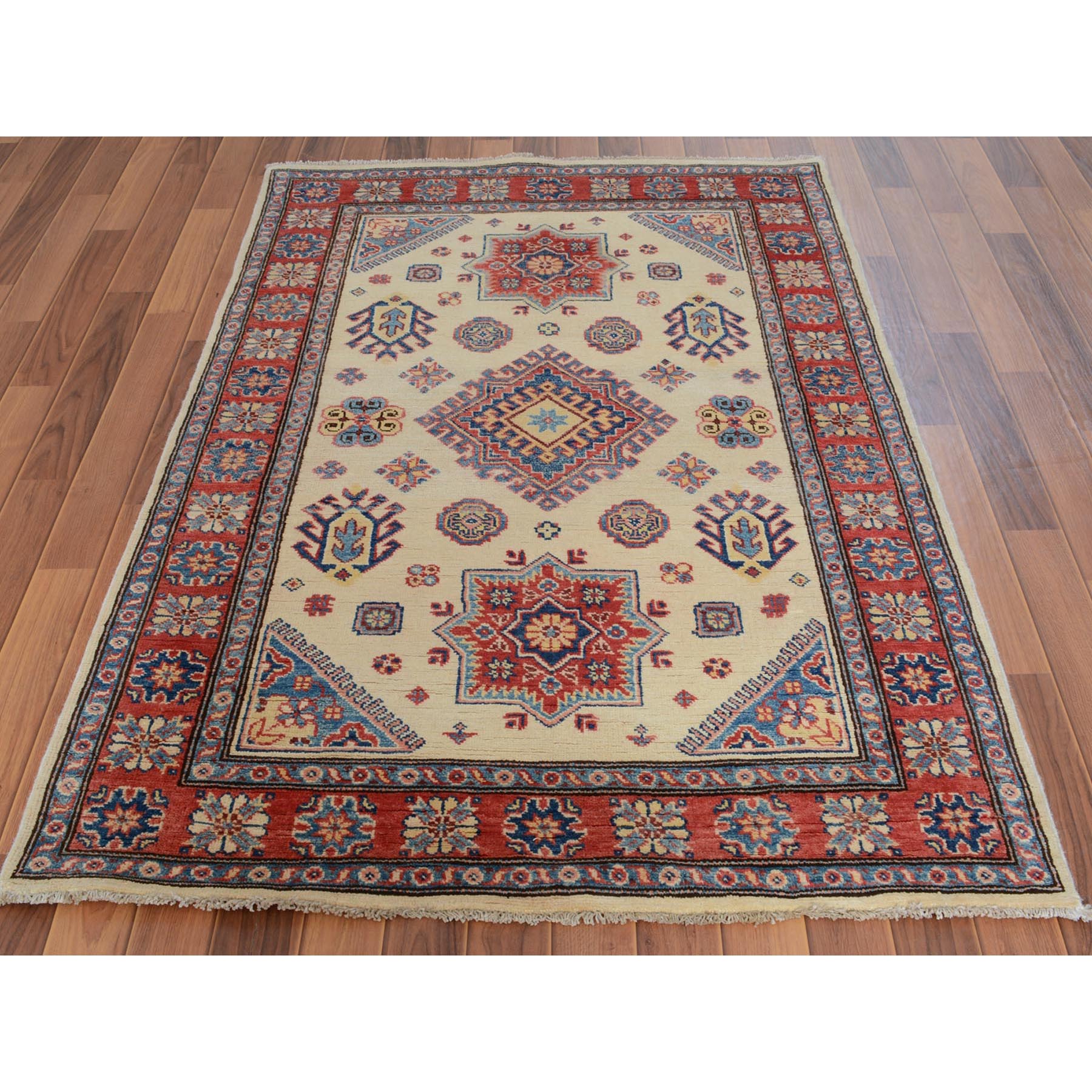 4-x6- Ivory Special Kazak with Medallion Pure Wool Hand Knotted Oriental Rug 