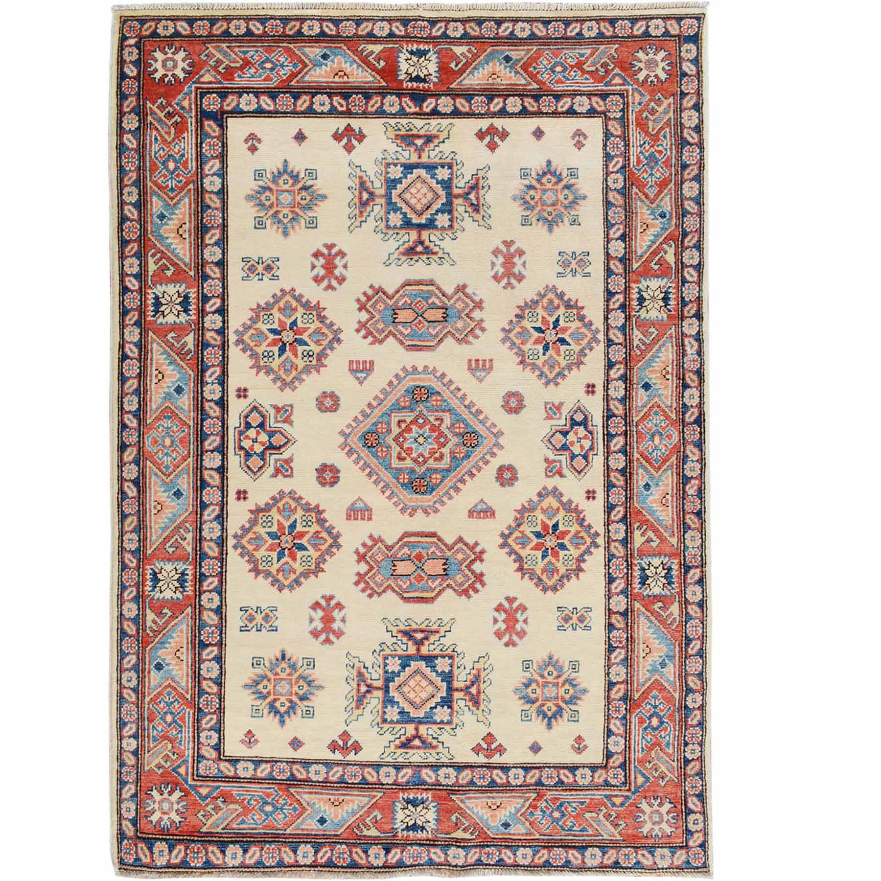 3'10"X5'9" Ivory Special Kazak Tribal Design Pure Wool Hand Knotted Oriental Rug moae7076