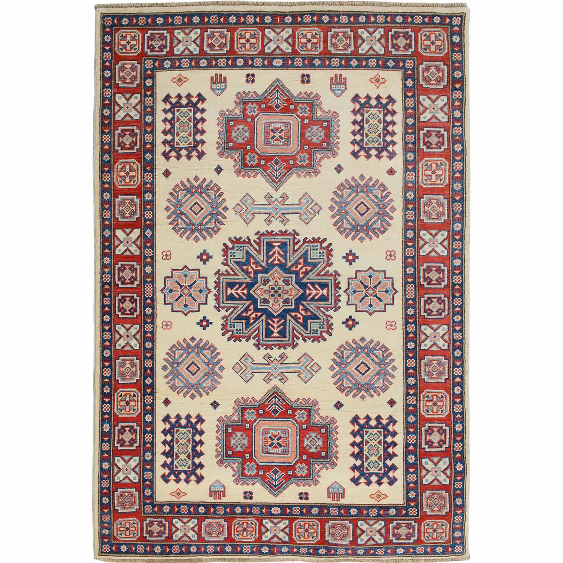 4'X5'6" Ivory Special Kazak Tribal Design Pure Wool Hand Knotted Oriental Rug moae7079