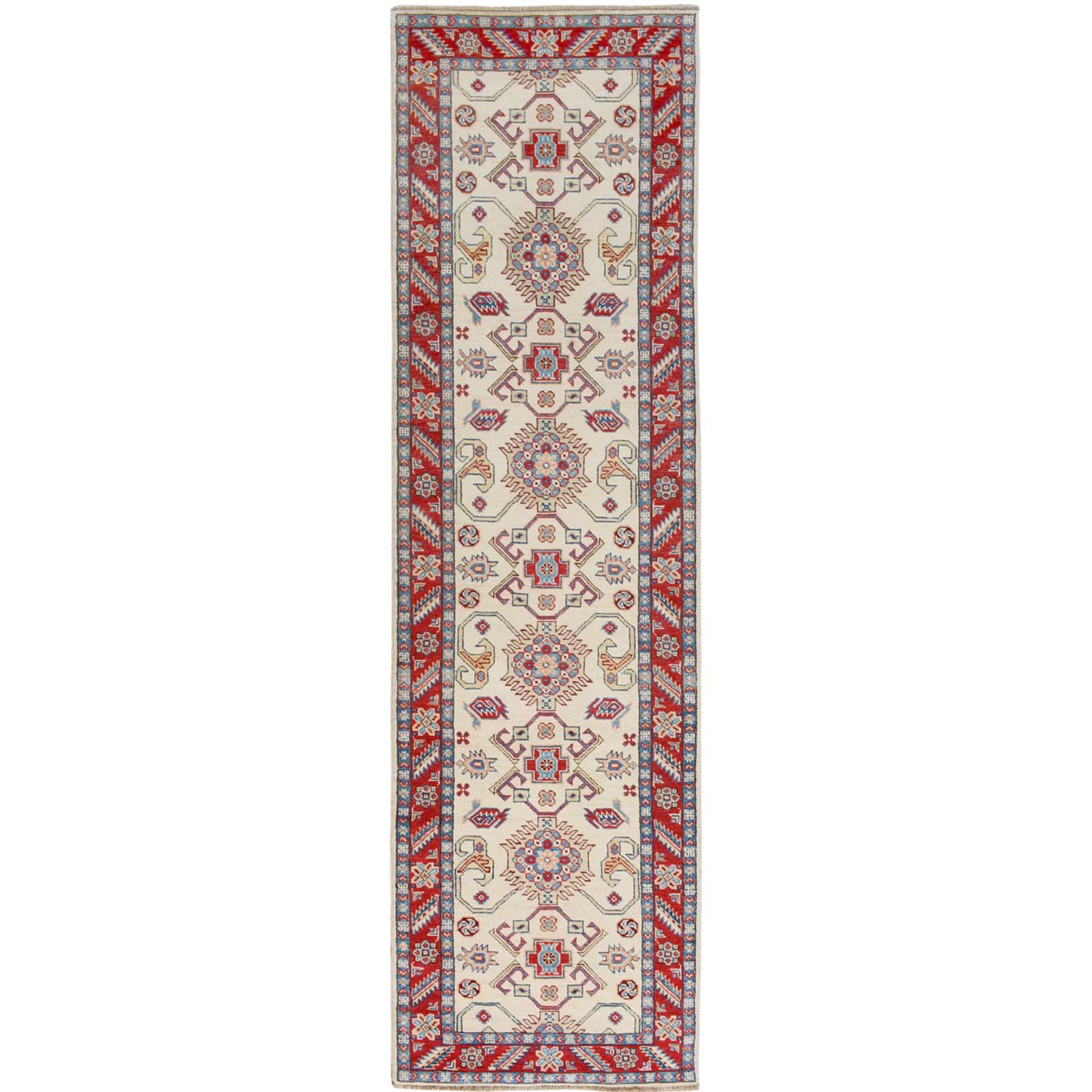 2'9"X9'3" Ivory Special Kazak Geometric Design Pure Wool Hand Knotted Runner Oriental Rug moae7088