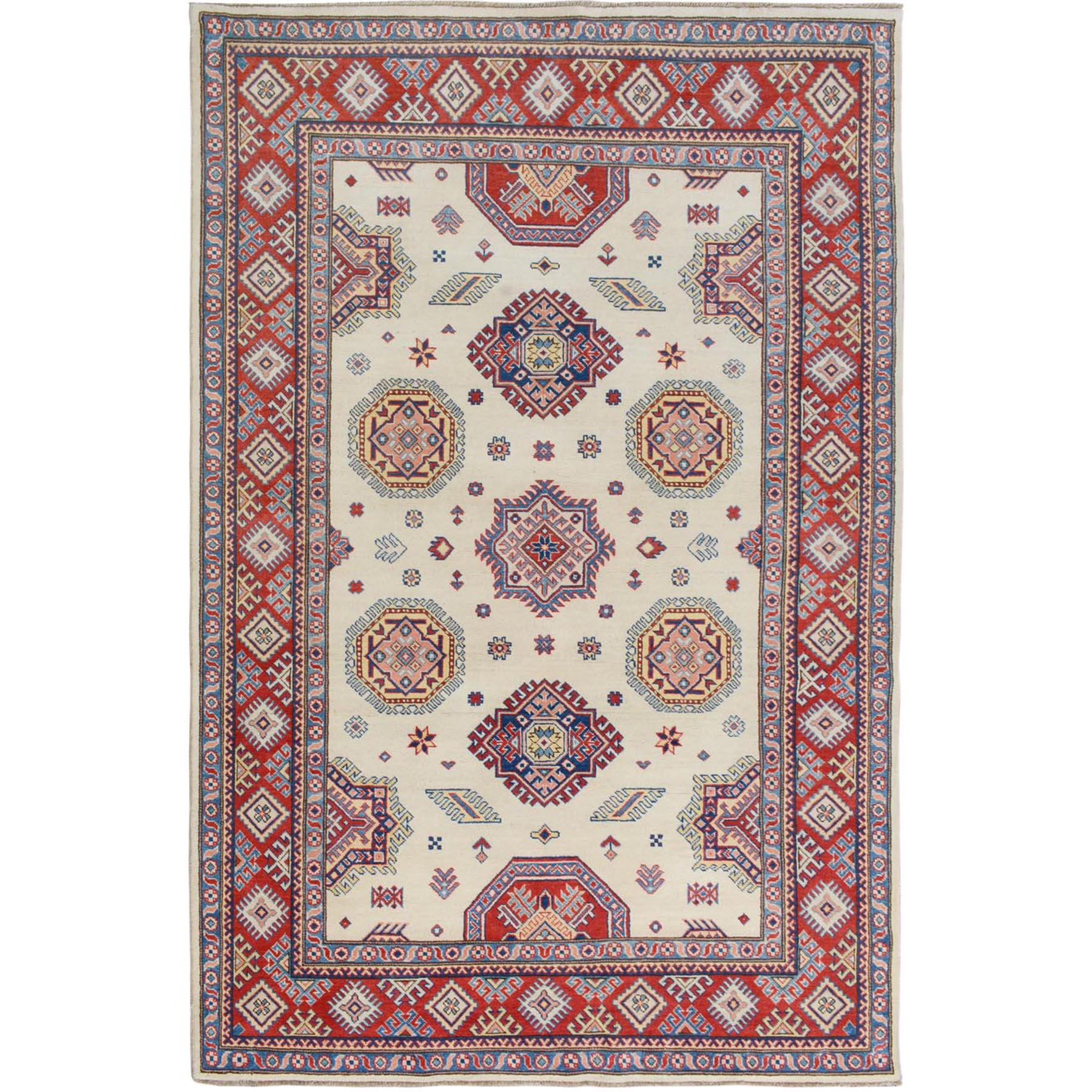 6'X9' Ivory Special Kazak Geometric Design Pure Wool Hand Knotted Oriental Rug moae709b