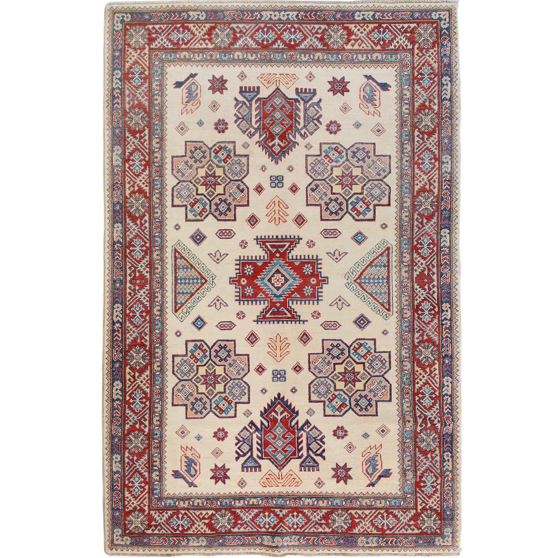 5'9"X9' Ivory Special Kazak Geometric Design Pure Wool Hand Knotted Oriental Rug moae709d