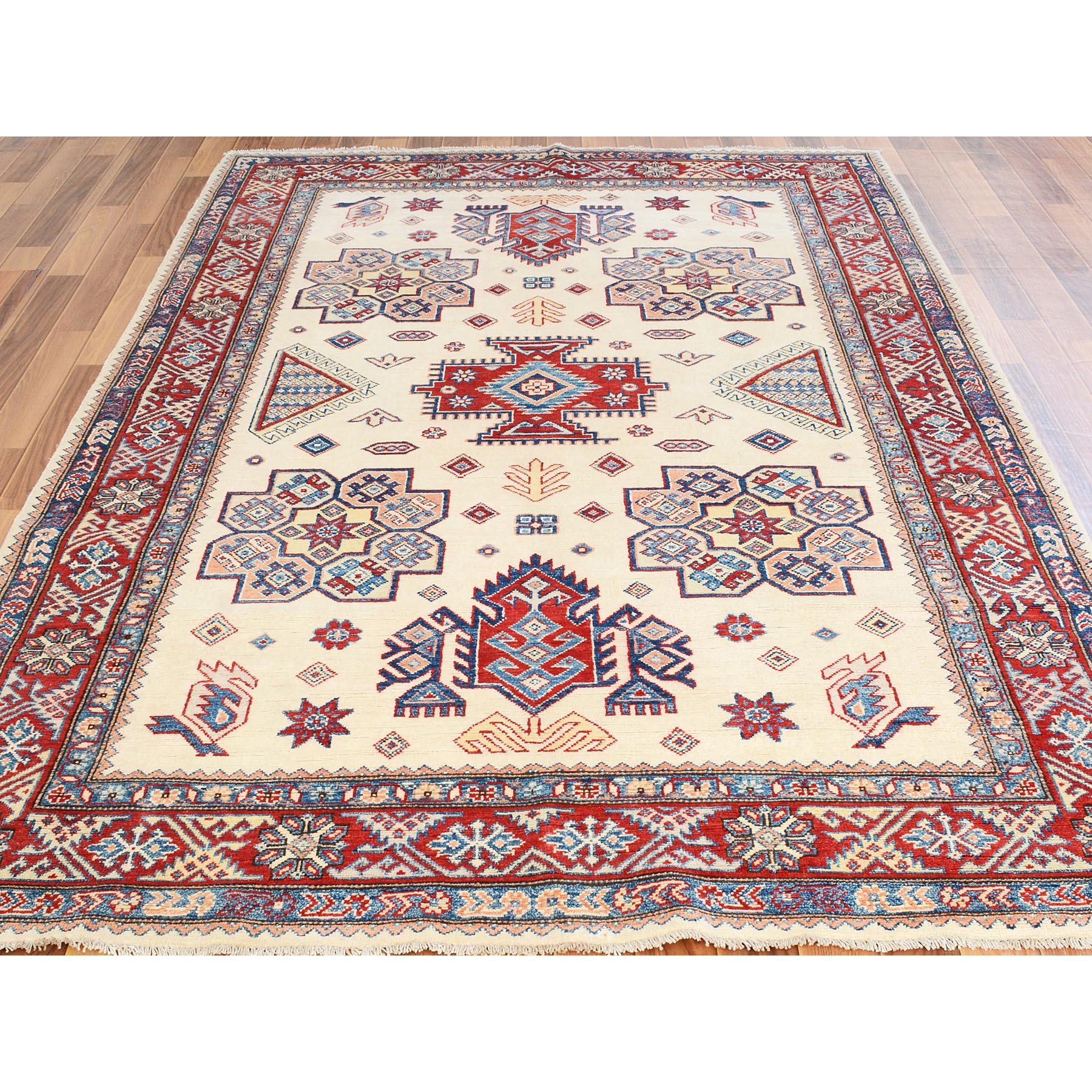 5-9 x9- Ivory Special Kazak Geometric Design Pure Wool Hand Knotted Oriental Rug 