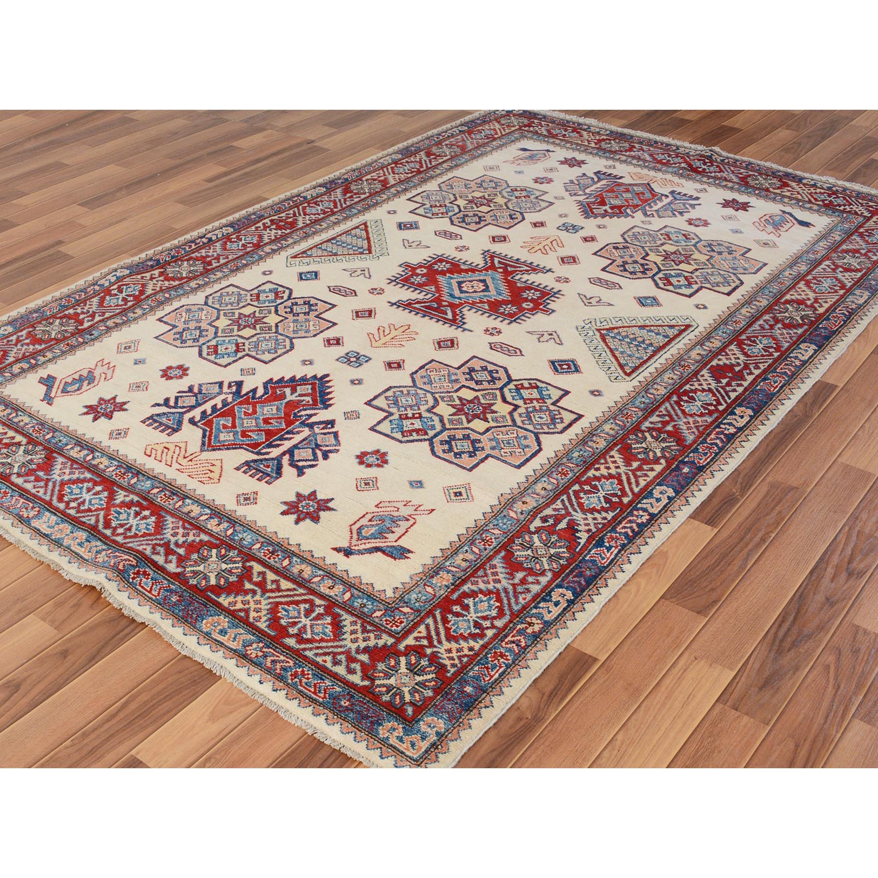 5-9 x9- Ivory Special Kazak Geometric Design Pure Wool Hand Knotted Oriental Rug 