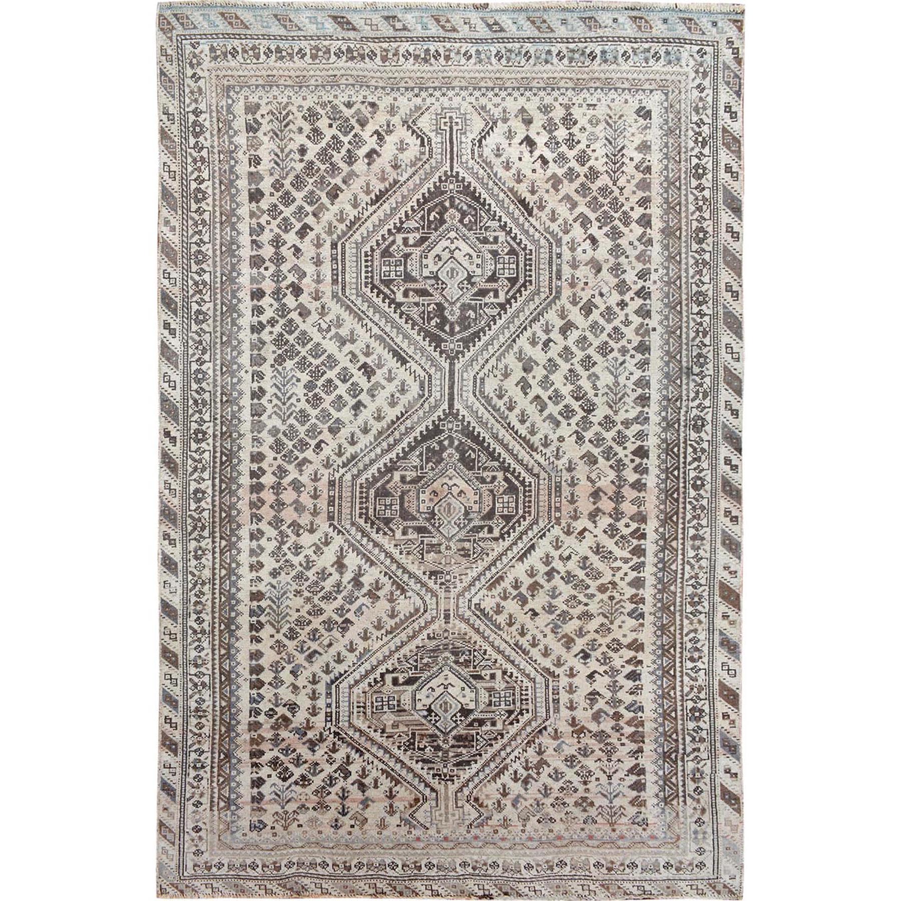 6-4 x 9-1  Gray Vintage And Worn Down Persian Shiraz Pure Wool Hand Knotted Oriental Rug 