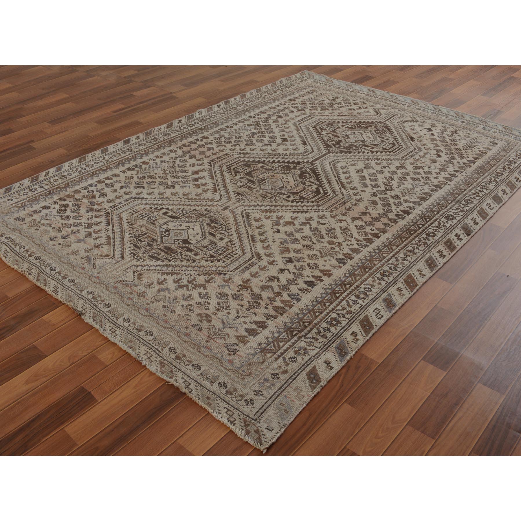 6-4 x 9-1  Gray Vintage And Worn Down Persian Shiraz Pure Wool Hand Knotted Oriental Rug 
